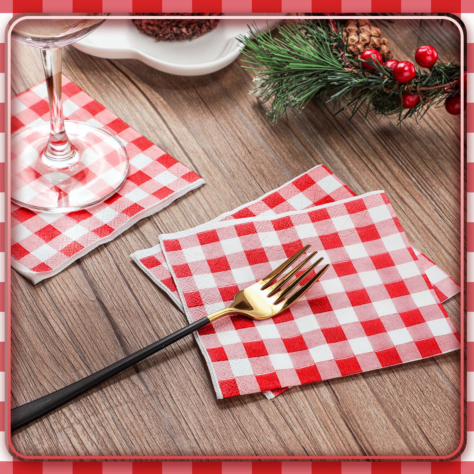 200 Pcs Buffalo Plaid Paper Napkins - Red and White Checkered Disposable Napkins for Kitchen, Farmhouse Decor, Weddings, Easter, Dinner Parties (5.31 x 5.31 Inch) - Perfect for Holiday Tablescapes, Rustic Home Decor & Special Occasions