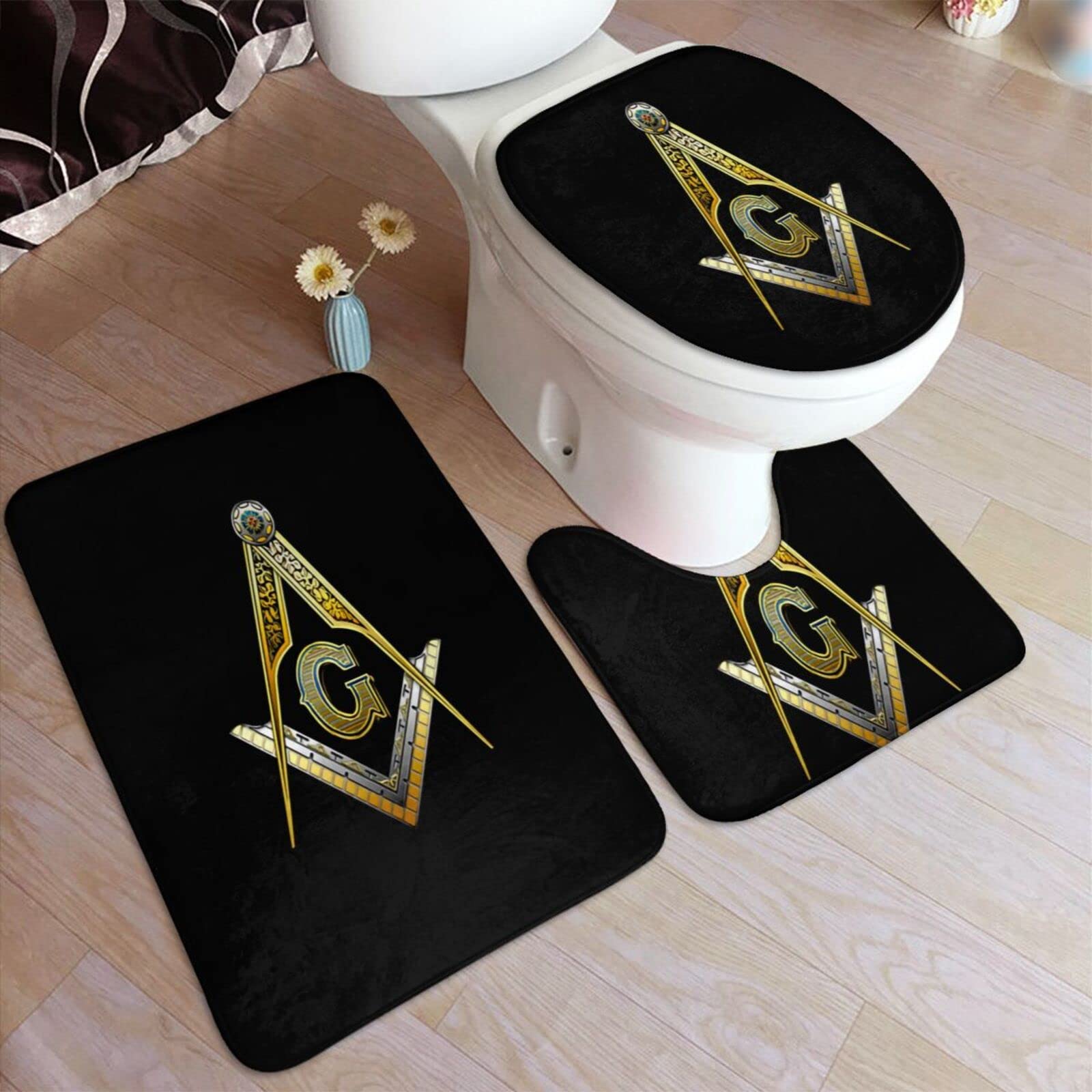Master Masonic Washable 3-Piece Bath Rug Set for Bathroom - U-Shaped Toilet Rug, Seat Cover & Bath Mat | Non-Slip, Soft & Absorbent | Perfect for Vanity, Vacation Homes & Master Bathrooms (Easy Care & Quick Dry)