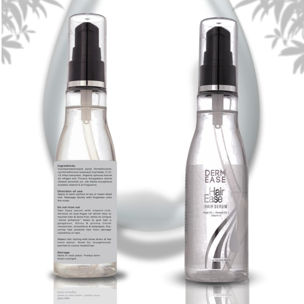 Derm Ease Hair Serum with Argan Oil, Almond Oil & Vitamin E - Repairing Treatment for Frizzy, Damaged Hair - Men & Women (100ml) - Perfect for Daily Hair Care & Salon-Quality Results at Home