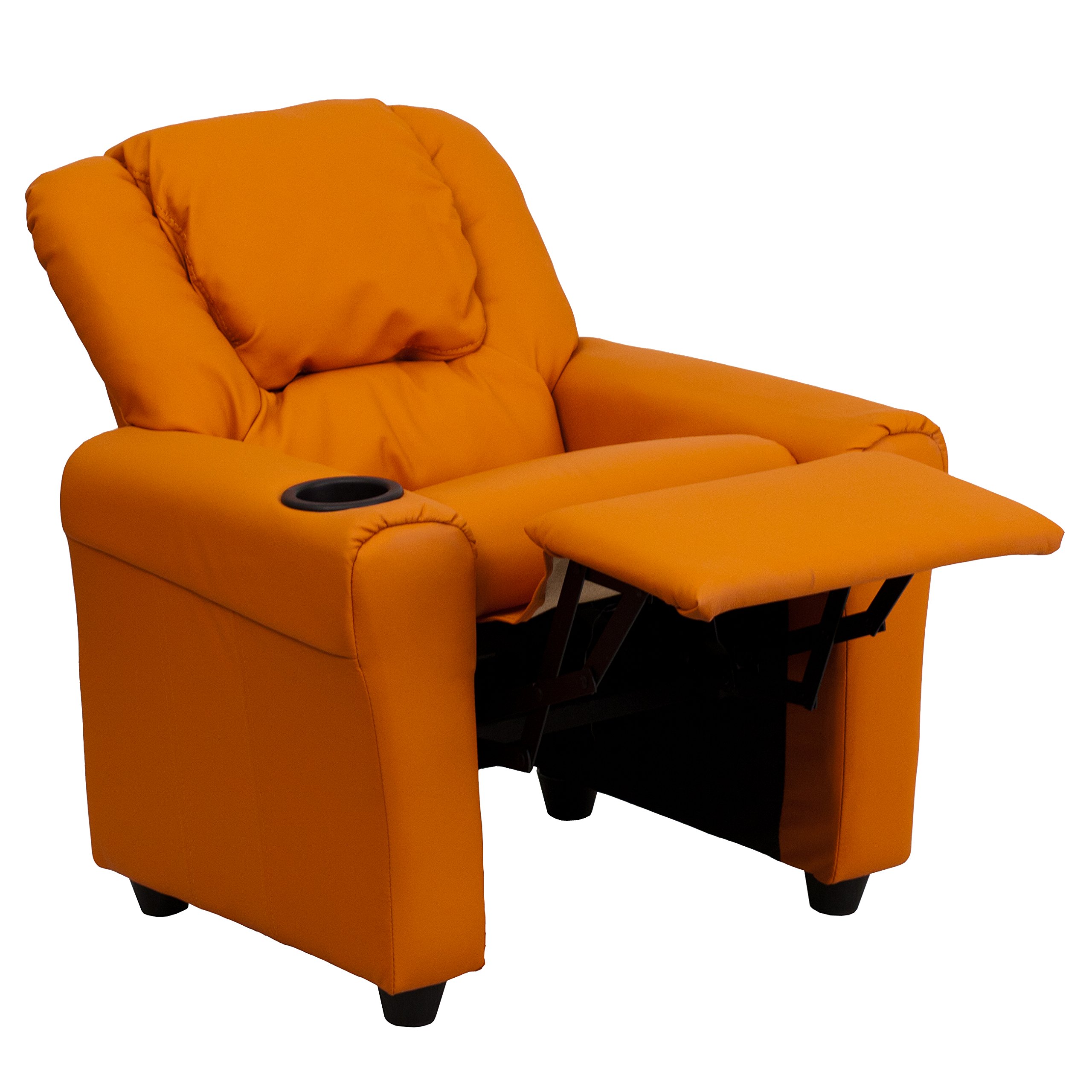 Kids Recliner Chair with Cup Holder & Headrest - Soft Orange Vinyl for Playroom, Bedroom or TV Room - Comfortable Children's Furniture for Reading & Relaxing