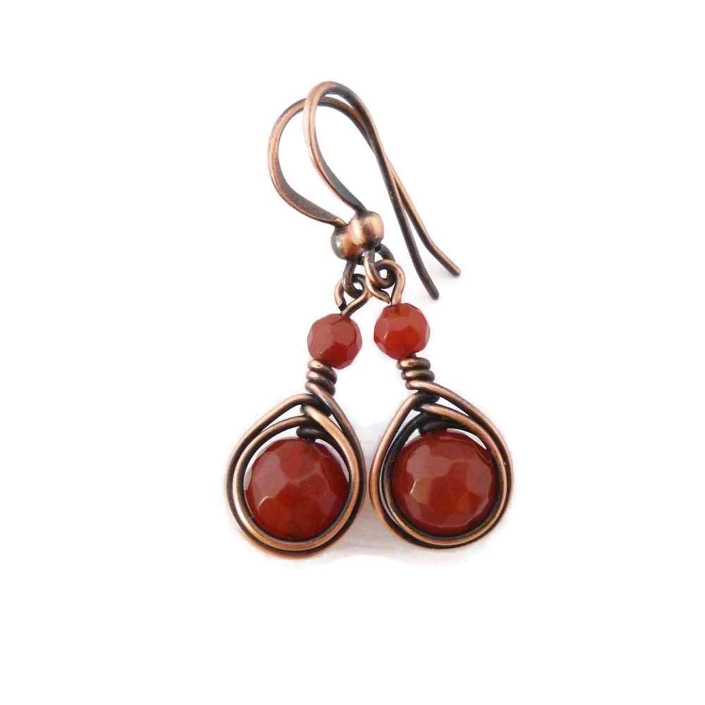 Handmade Solid Copper Earrings with Natural Carnelian Gemstone - Antiqued Vintage Style 1 Inch Drop Dangle Earrings for Women | Boho Chic Jewelry Gift for Birthday, Wedding & Everyday Wear