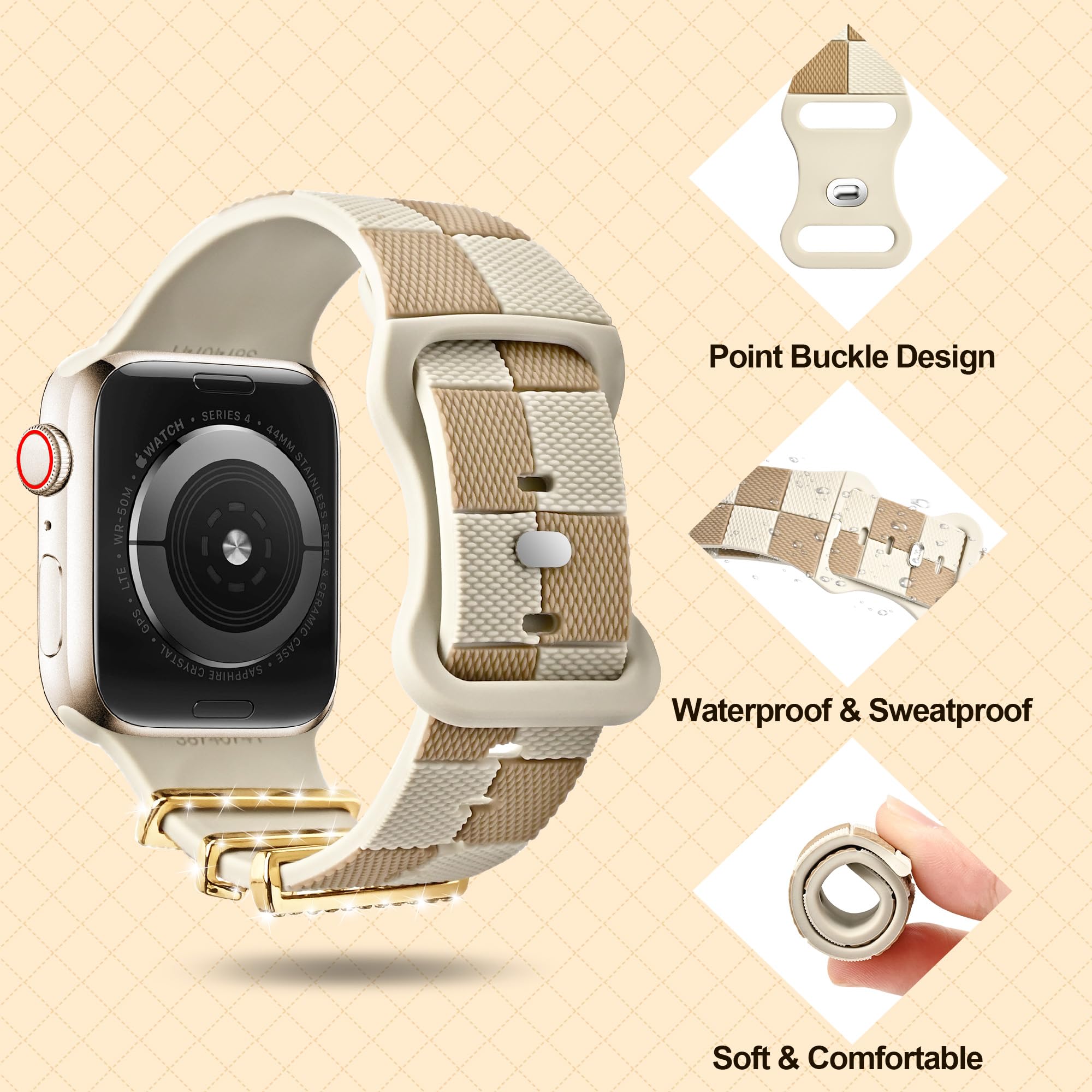 Fashionable Checkered Silicone Strap for Apple Watch Band 38mm 40mm 41mm 42mm - Gold Bling Z Charm Sport Wristband Compatible with iWatch Series 10 9 8 7 6 5 4 3 SE - Perfect for Women's Workout, Running & Everyday Wear