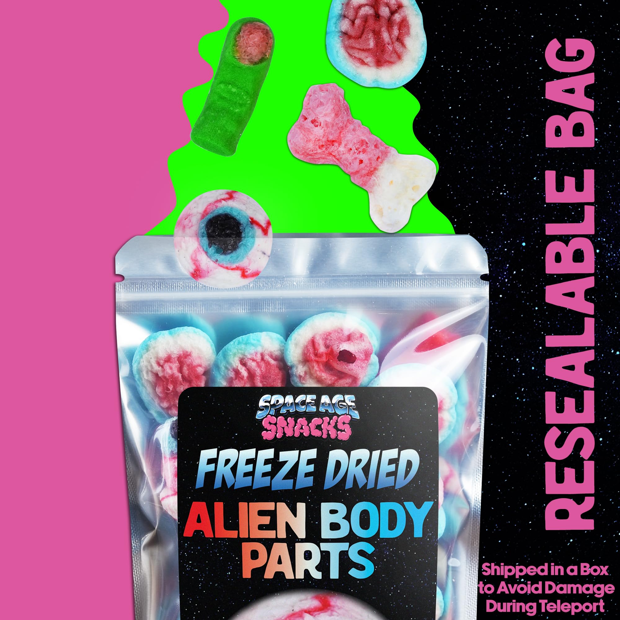 Premium Freeze Dried Alien-Themed Candy - Brains, Eyeballs, Fingers & Bones (4oz) | Space Ship Packaging with Protective Box & Fun Stickers | Perfect for Halloween, Cosplay, Sci-Fi Parties & Unique Gifts