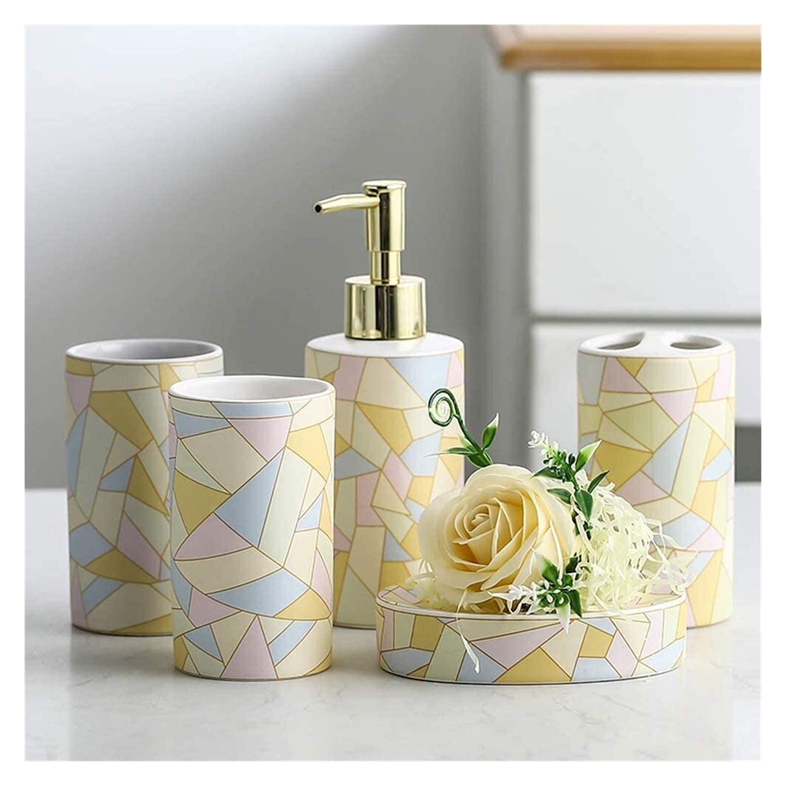 5-Piece Ceramic Bathroom Accessories Set - Soap Dispenser, Toothbrush Holder, Soap Box, Cup & Tray | Elegant Hotel Decor for Home, Spa, or Gift Giving