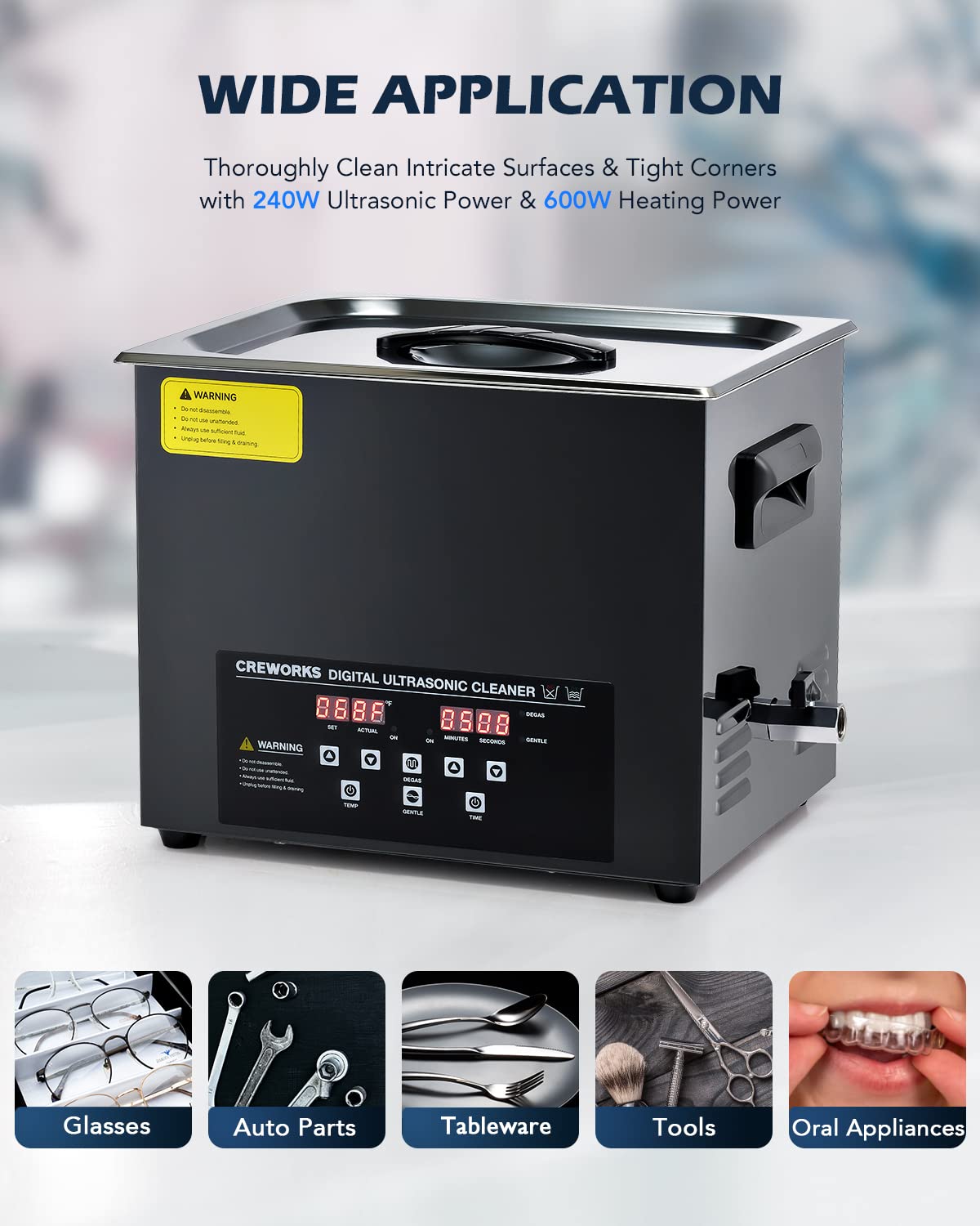 CREWORKS 10L Digital Ultrasonic Cleaner with Heater, Timer, Degas & Gentle Mode - 240W Professional Ultrasonic Cleaning Machine for Jewelry, Watches, Retainers, Auto Parts & Tools (2.6 Gallon Capacity) - Perfect for Home, Dental Clinics & Repair Shops