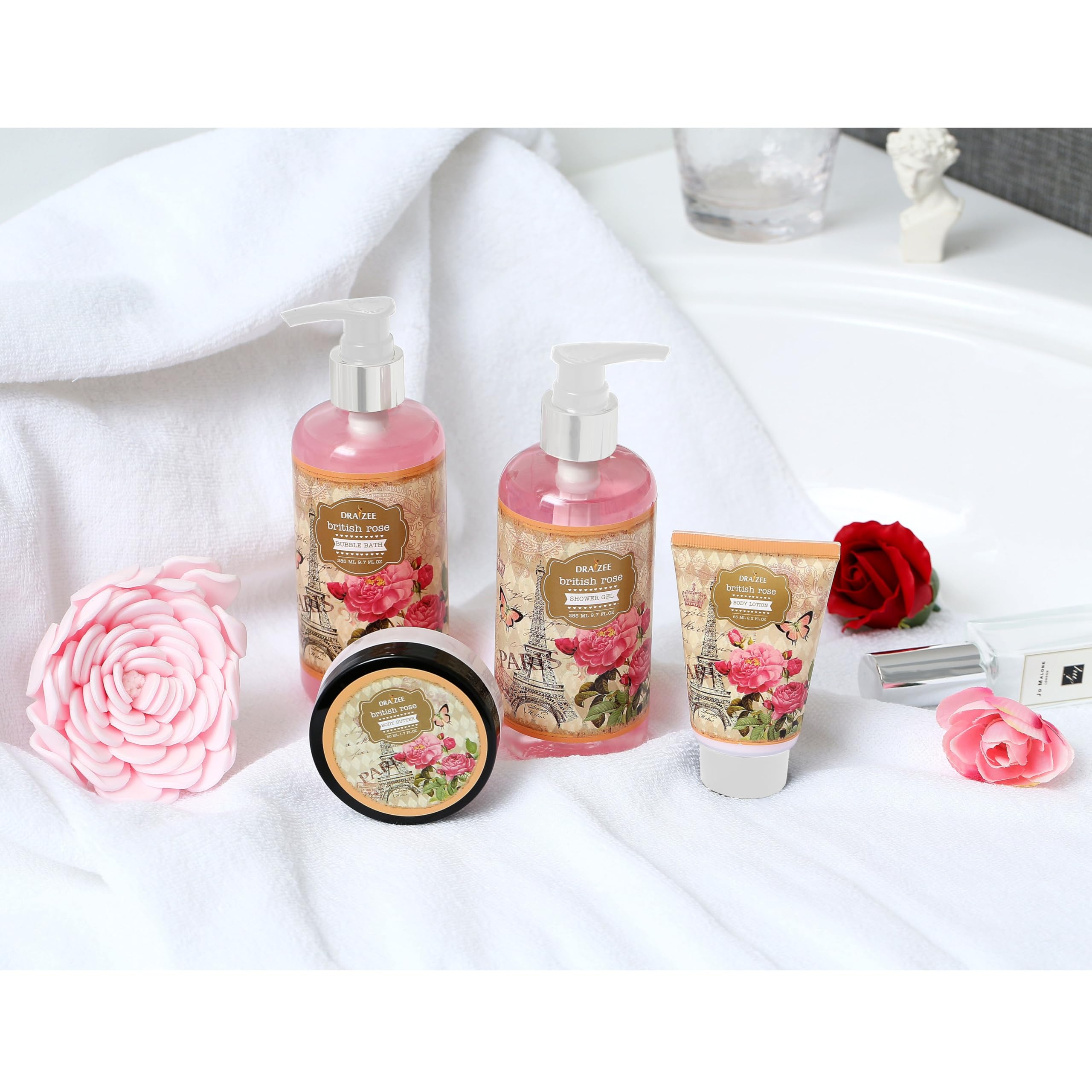 Draizee Set of 4 Aromatherapy Shoe Spa Gift Baskets - Rose, Cherry, Coconut & Lavender Scented 20-Piece Bath Essentials for Women | Perfect for Relaxation, Self-Care & Spa Day at Home