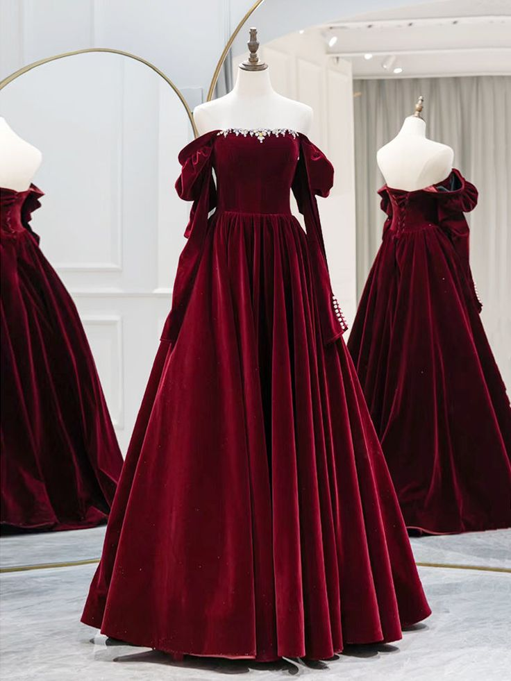 Elegant A-Line Long Sleeve Velvet Prom Dress with Beaded Details - J4649 | Perfect for Evening Gowns, Formal Dances, and Special Occasions