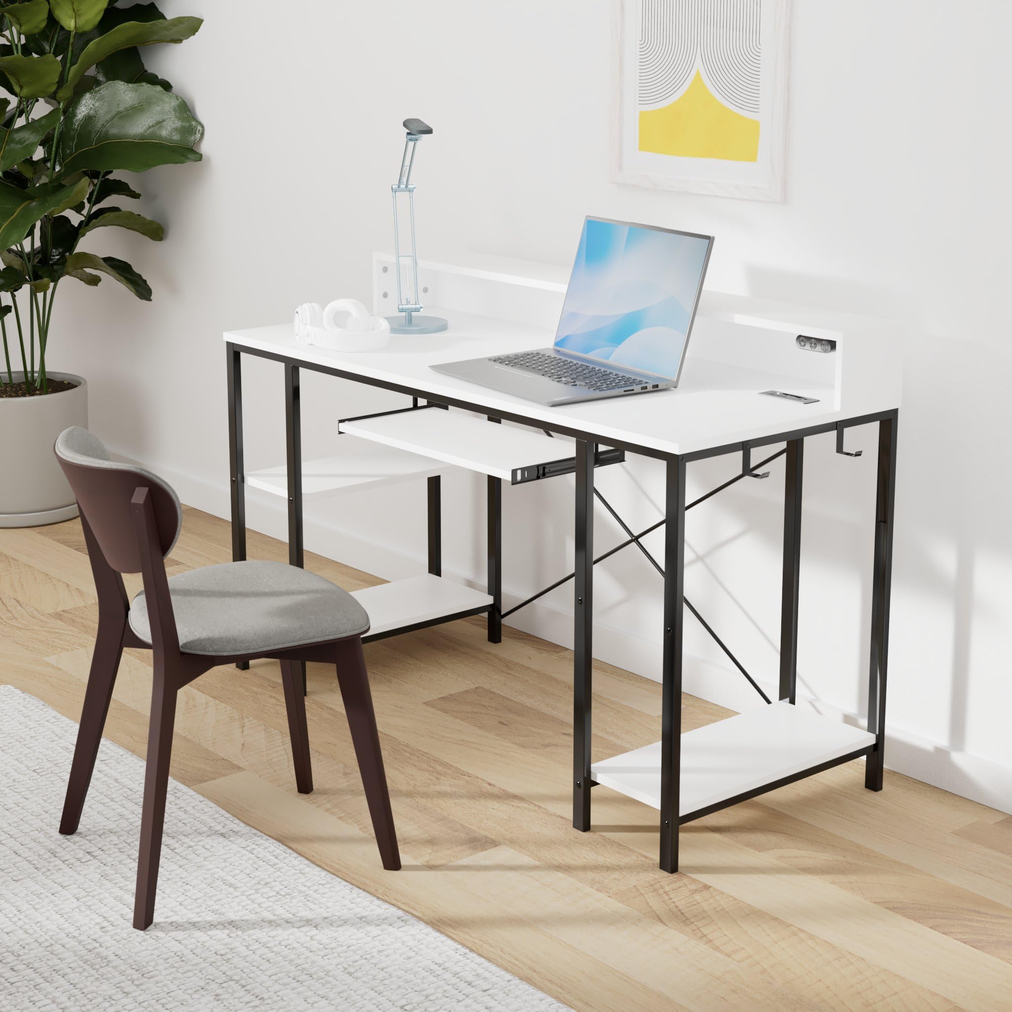 Rolanstar 54-inch LED Gaming Desk with Power Outlets, Storage Shelves & Keyboard Tray - Modern Home Office Computer Desk with Monitor Stand, White | Perfect for Gaming Setup, Remote Work & Study Space