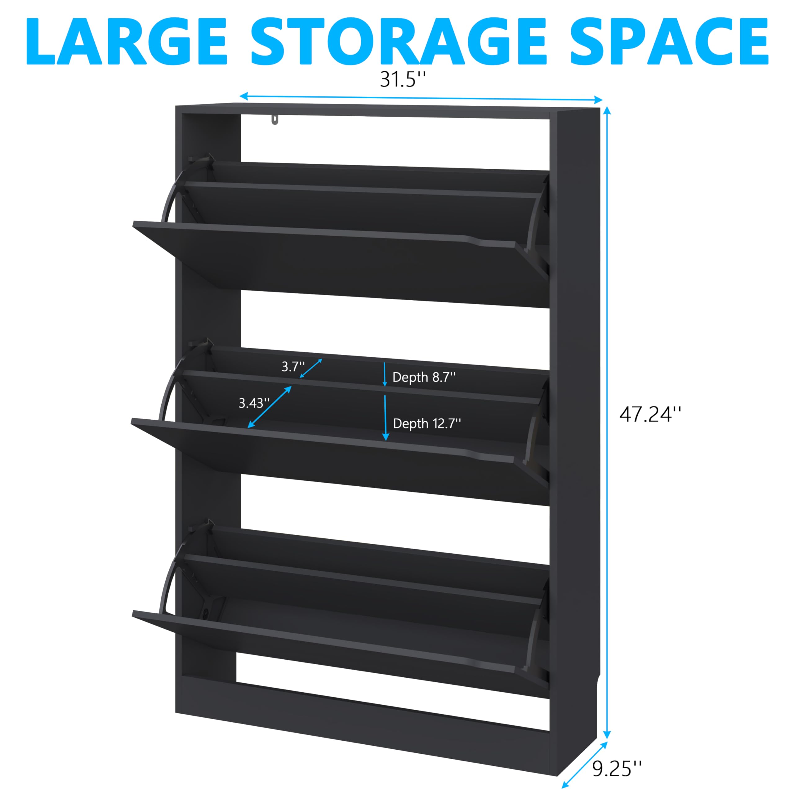 Modern Shoe Cabinet with 3 Flip Drawers - Entryway & Hallway Storage Organizer, Black (9.33