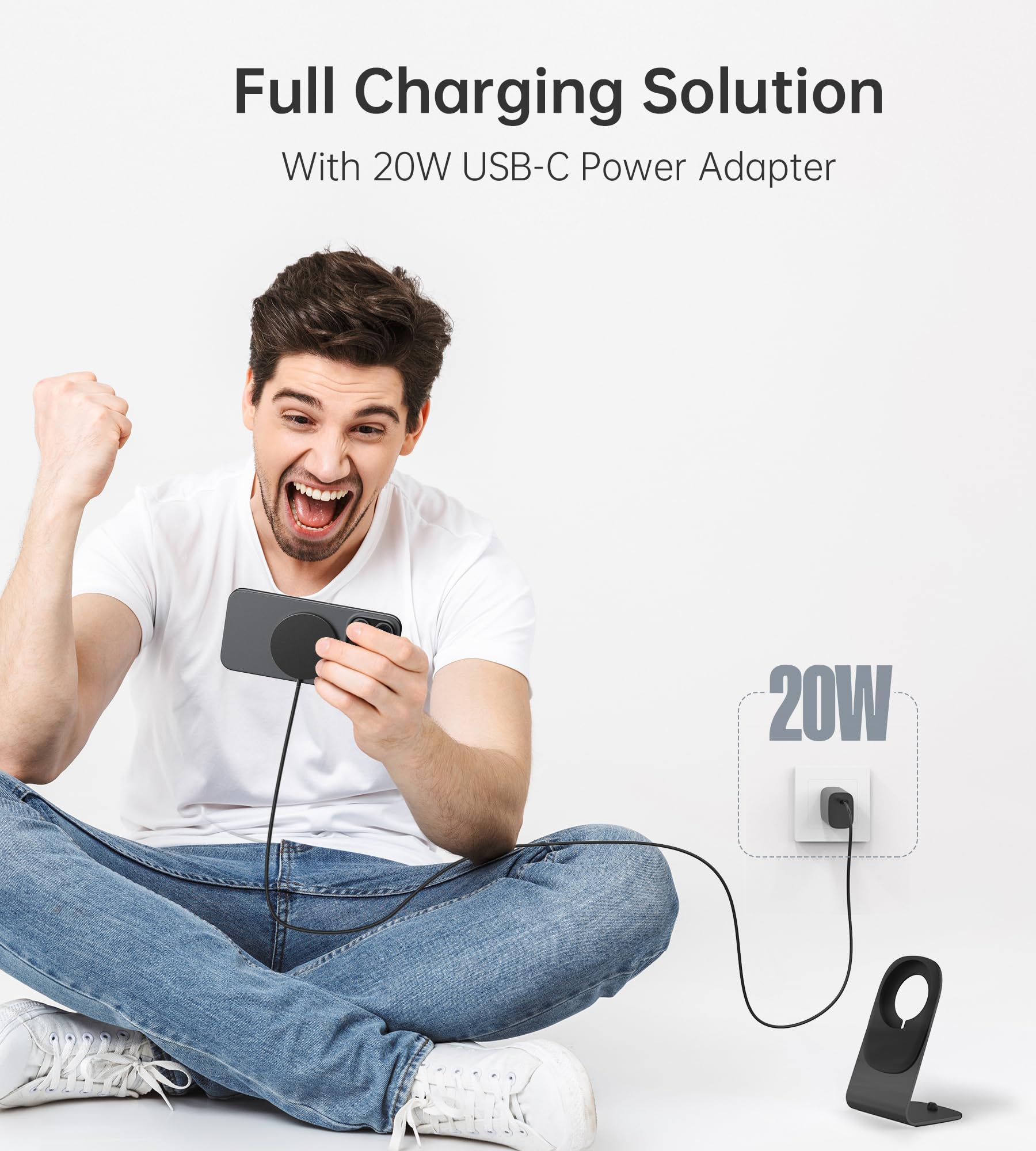 15W Fast Magnetic Wireless Charger Stand for iPhone 16/15/14/13/12 Pro Max/Mini & AirPods | MagSafe-Compatible Charging Pad with 20W USB-C PD Adapter | Perfect for Home, Office & Travel (Black)
