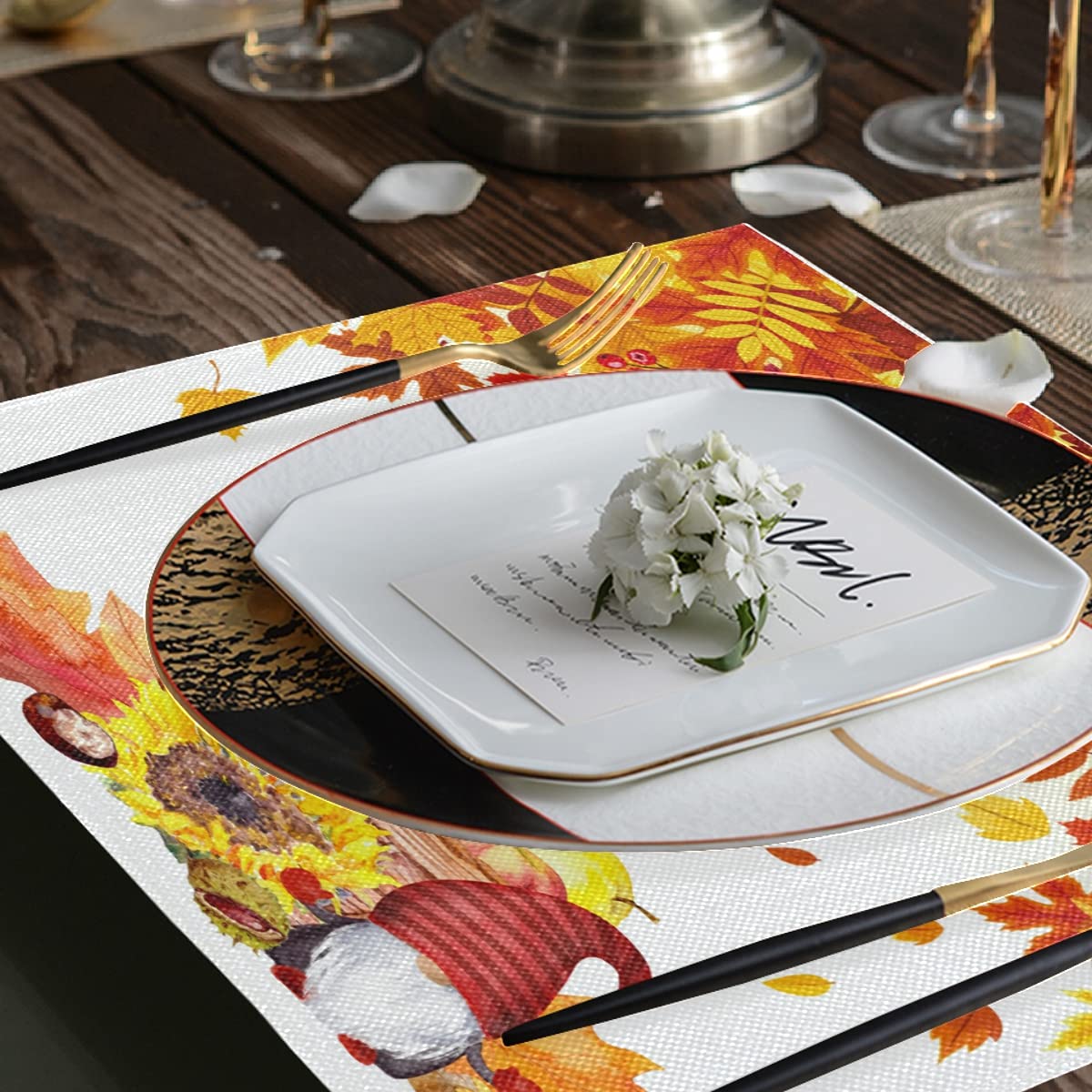 Thanksgiving Gnomes Placemats Set of 4 - Fall Maple Leaf & Pumpkin Washable Table Mats for Dining Decor (12x18 Inches) - Perfect for Thanksgiving Dinner, Autumn Home Decor & Holiday Table Setting