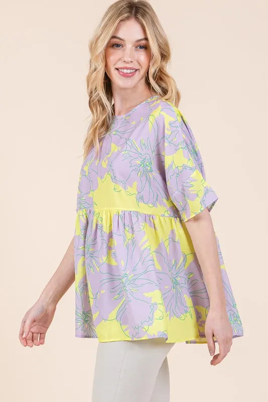 BOMBOM Floral Babydoll Tunic Top for Women - Cute Summer Blouse with Ruffles & Lace Trim - Perfect for Date Night, Beach Cover-Up, and Casual Outfits