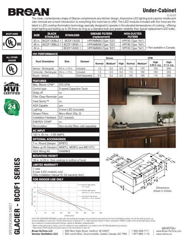 Broan 30-Inch Glacier Series Under Cabinet Range Hood - Stainless Steel Kitchen Vent Hood with Powerful Exhaust Fan (BCDF130) - Perfect for Modern Kitchens & Cooking Spaces