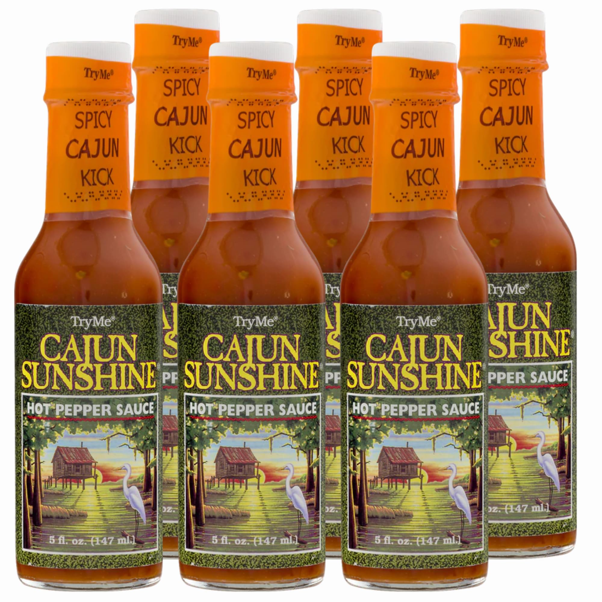 Cajun Sunshine Hot Pepper Sauce - 5oz Bottle (Pack of 6) | Spicy Louisiana Style Pepper Sauce for Seafood, Wings & BBQ | Perfect for Gifts & Home Cooking