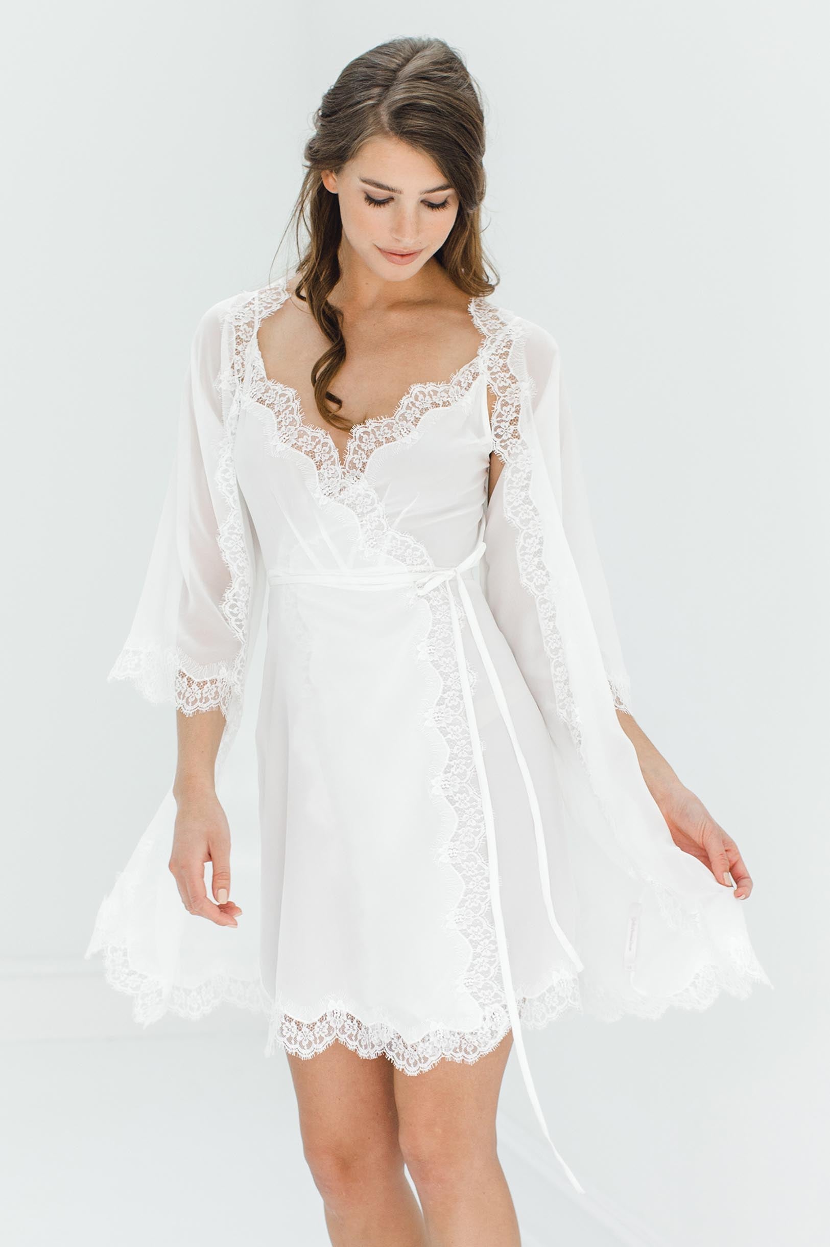 Ivory Silk Chiffon & Lace Kimono Robe - Luxurious Lightweight Cover Up for Women - Perfect for Bridal, Spa, Beach & Boudoir