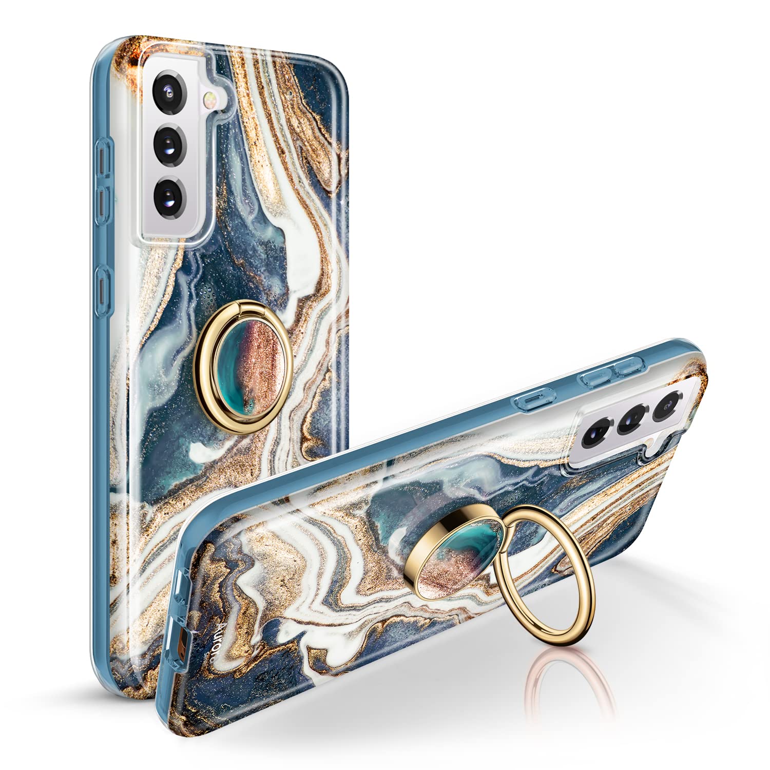 GVIEWIN Marble Phone Case Bundle for Samsung Galaxy S21 - Night Trail Blue Case + Drift Sand Brown Ring Holder | Protective Cover with Grip Stand for Work, Travel & Daily Use