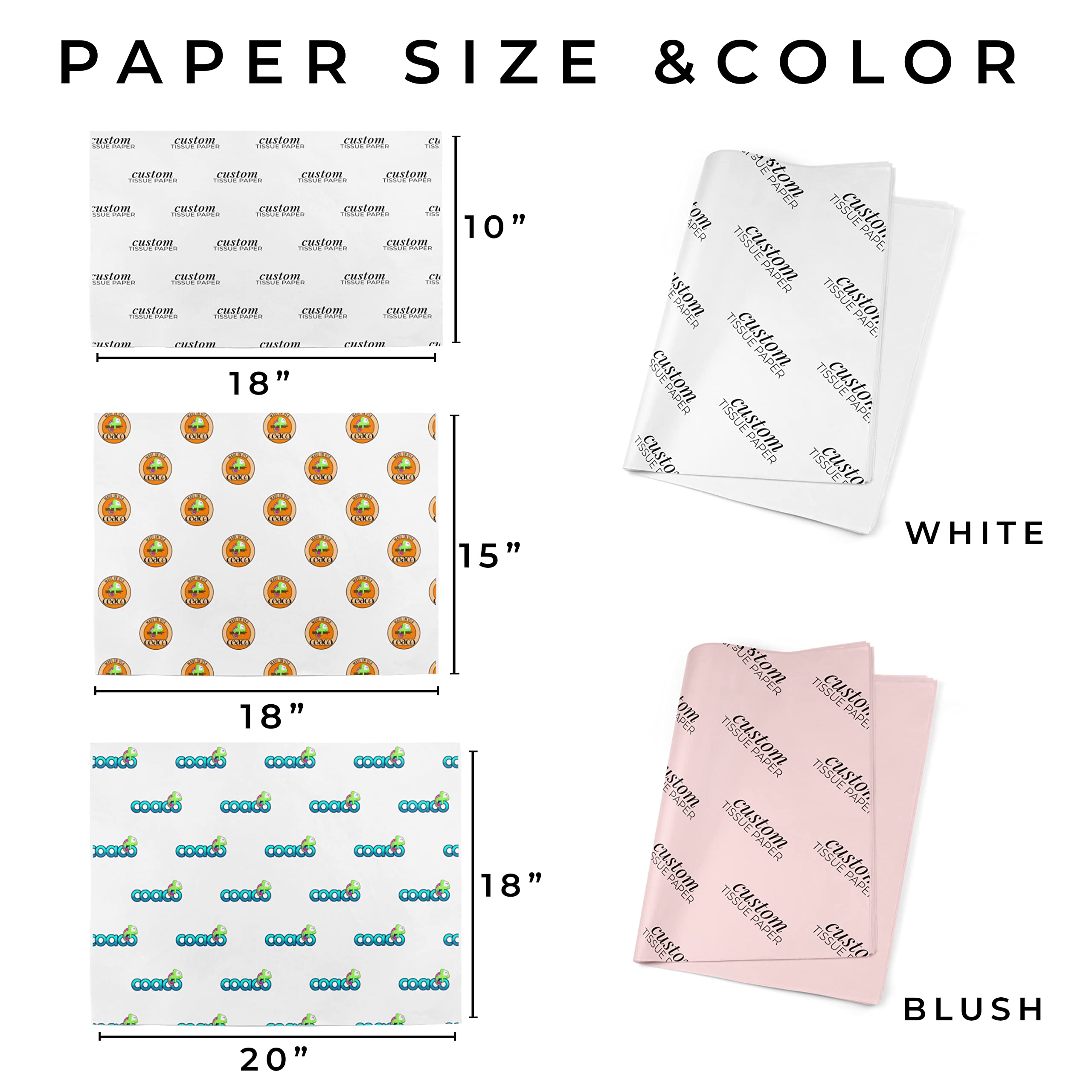 COACO Custom Printed Tissue Paper - Personalized with Your Design, Logo, or Text - Premium Gift Wrapping & Packaging Supplies (20x18 Inches) - Perfect for Holidays, Birthdays, Weddings & Small Business Branding - Choose 30, 50 or 100 Count White Sheets