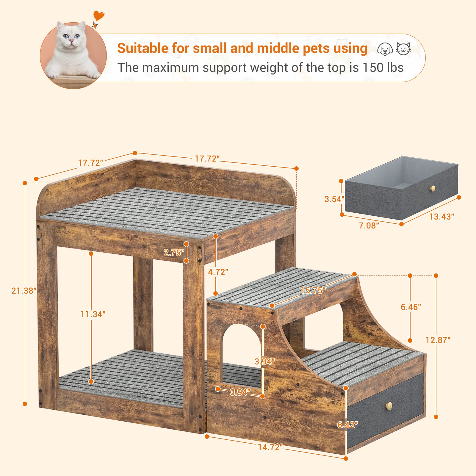 Cyclysio Super Large Pet Window Perch with Stairs - Multi-Level Cat Bunk Bed with Mats & Drawers - Rustic Pet Bed Couch for Cats - Perfect for Bedside, Living Room & Indoor Use - Cozy Spot for Napping, Sunbathing & Watching Birds