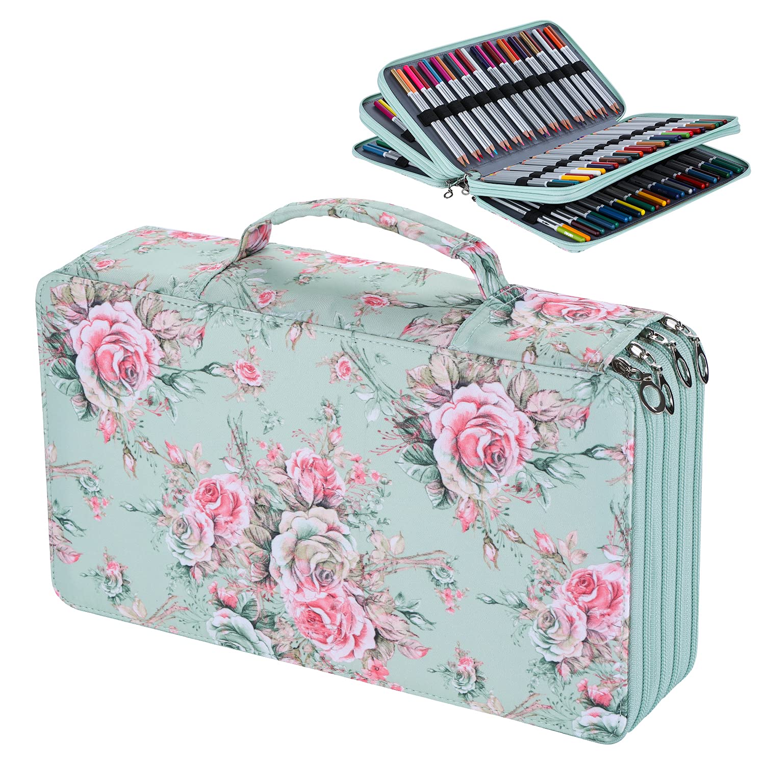 VTYHYJ 300-Slot Colored Pencil Organizer Case - PU Leather Zippered Pencil Holder for Watercolor Pens, Gel Pens & Markers (Light Green) - Perfect for Artists, Students & Office Supplies Storage