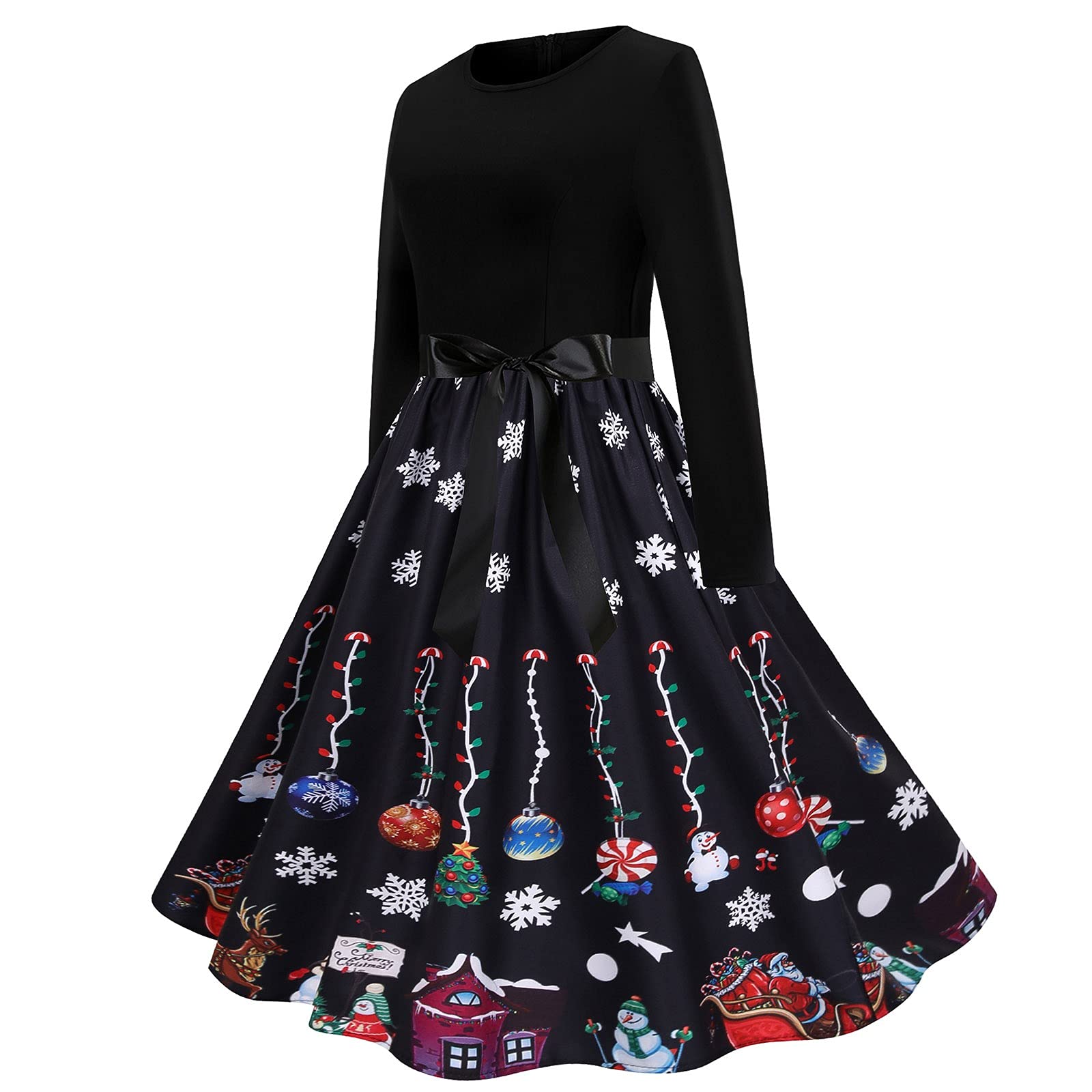 Women's Summer Long Dresses with Christmas Snowman & Snowflake Print - Long Sleeve Round Neck Holiday Party Outfits for Christmas Gatherings & Winter Celebrations