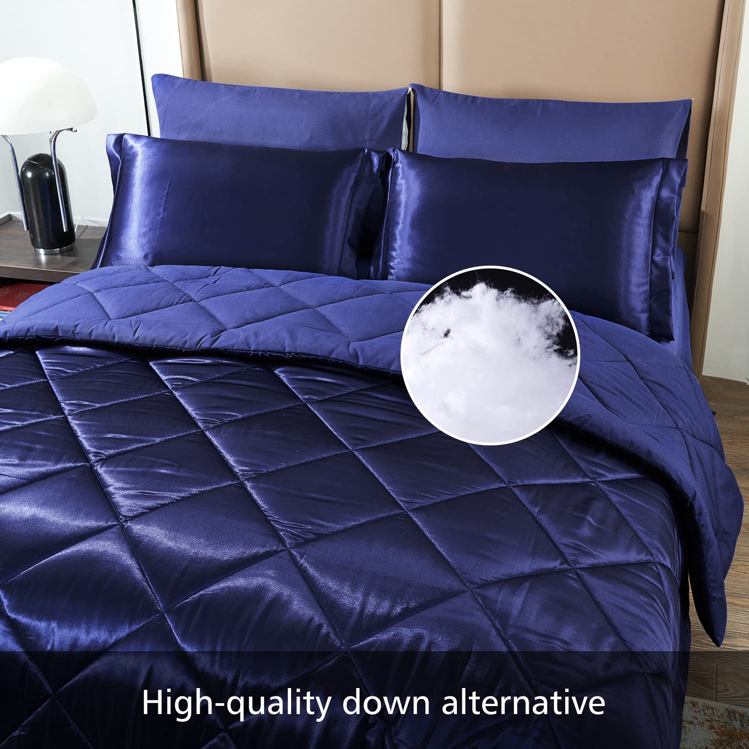 Luxury 8-Piece Satin Queen Comforter Set - Silky Soft Bedding Set with Comforter, Sheets, 2 Pillowcases, 2 Shams & Bed Skirt - Navy Blue - Perfect for Master Bedroom, Guest Room & Hotel Decor