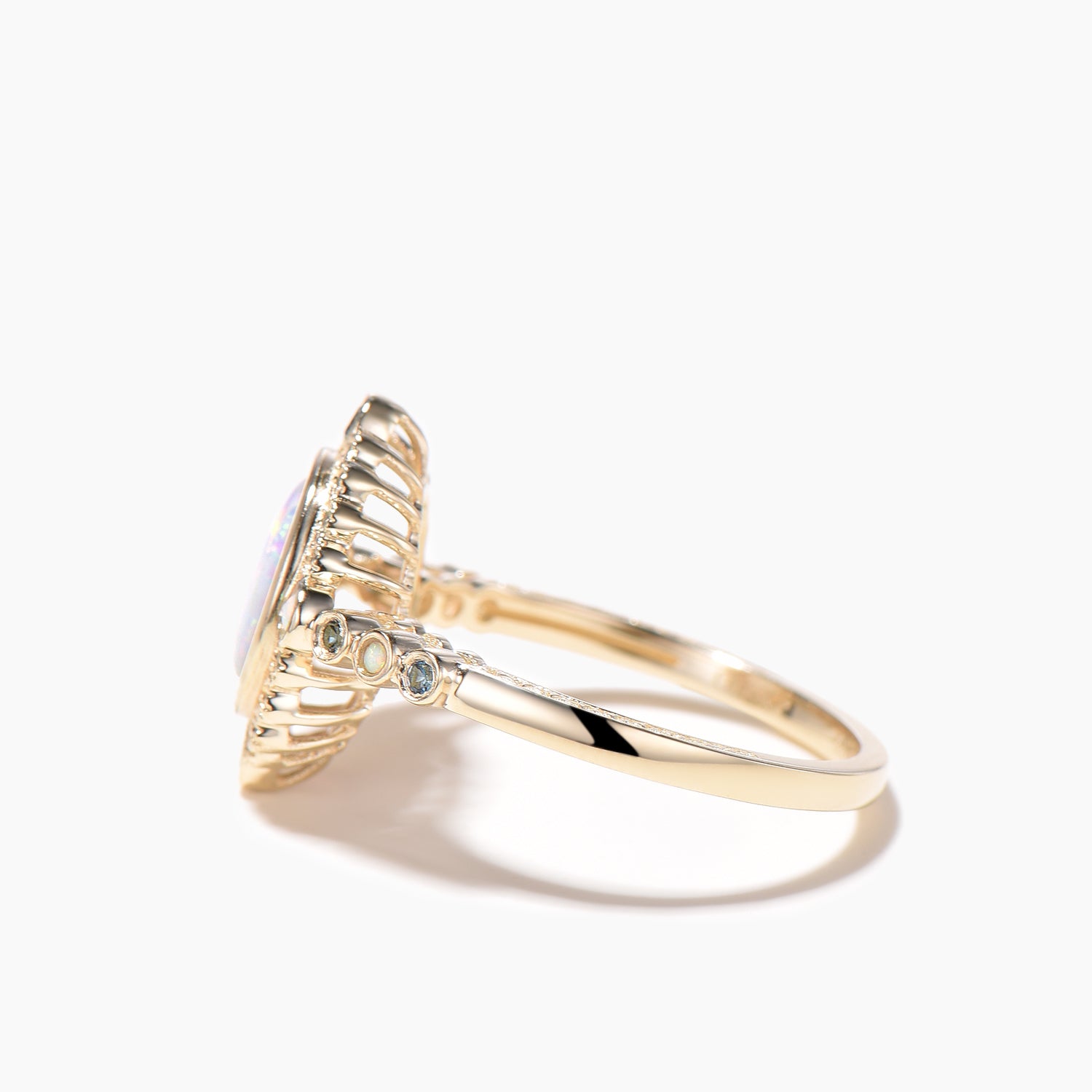 Oval Cut White Opal Engagement Ring with Blue Topaz Halo in 14K Yellow Gold - Perfect for Wedding, Proposal & Anniversary Gifts