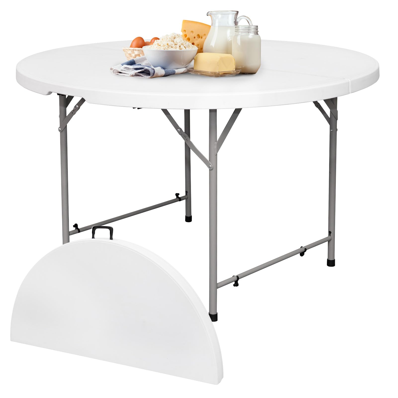 48in Round Folding Table with Carrying Handle - White 4 Feet Portable Plastic Dining Table for Kitchen, Outdoor Party, Wedding, Camping & Picnic - Sturdy & Lightweight for Indoor/Outdoor Events