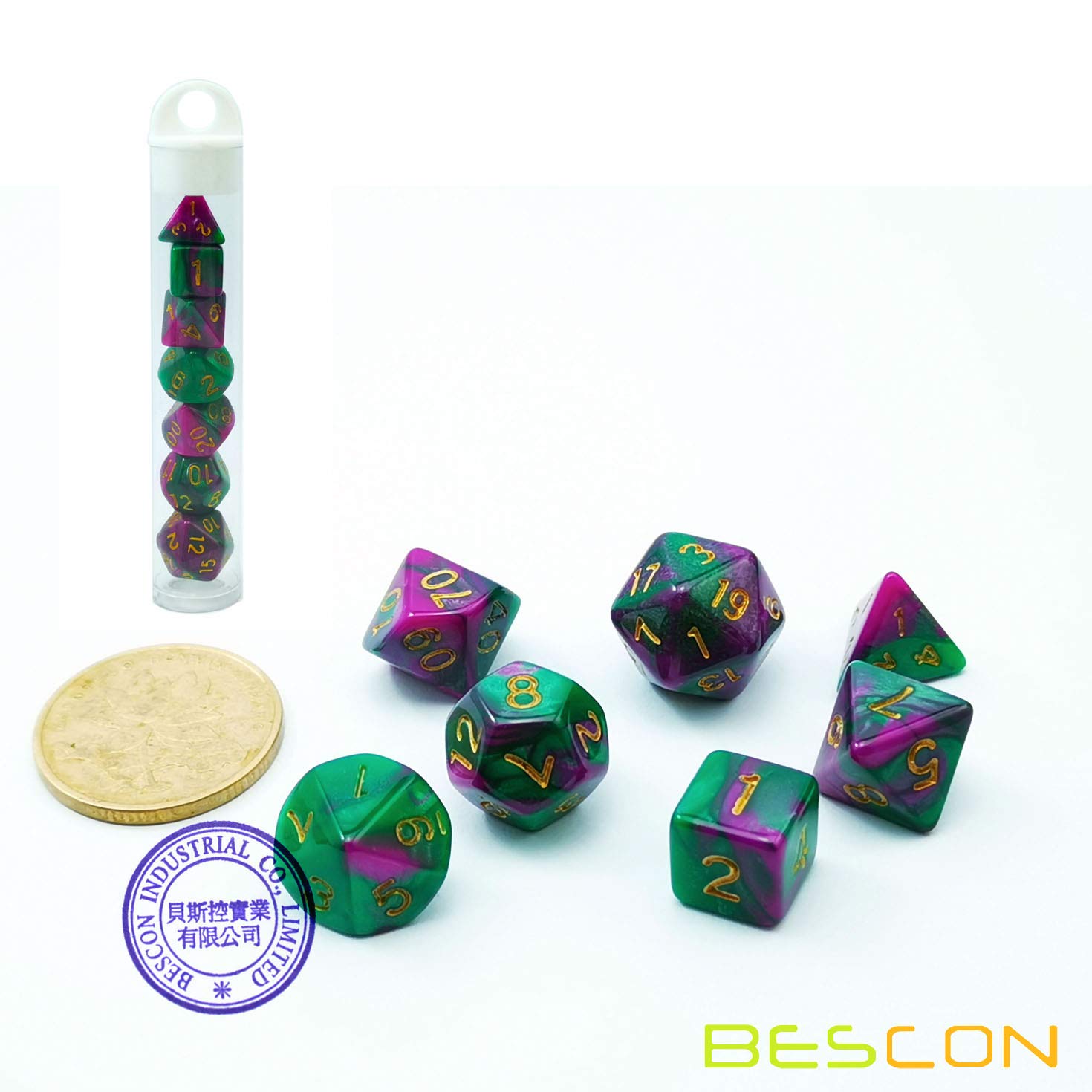 Bescon Mini Two-Tone Polyhedral RPG Dice Set - 10mm Small Dice (D4-D20) for Wizards & Jungle Adventures | Perfect for D&D, Pathfinder & Tabletop Gaming