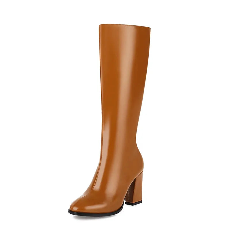 Elegant Women's Knee High Boots with Zipper - Autumn Winter Fashion Heeled Boots in White & Green - Size 48 for Tall Women - Perfect for Office, Party & Winter Outfits