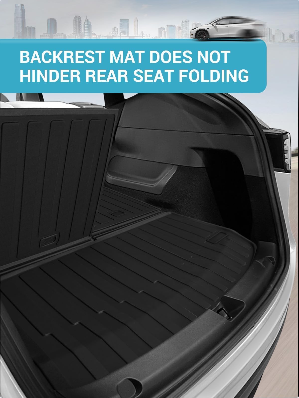 BASENOR Tesla Model Y Rear Trunk Mat with Backrest Mats (2020-2024) - TPE Waterproof All-Weather Cargo Liner for 7-Seater Model Y - Black | Durable Protection for Pets, Groceries & Road Trips