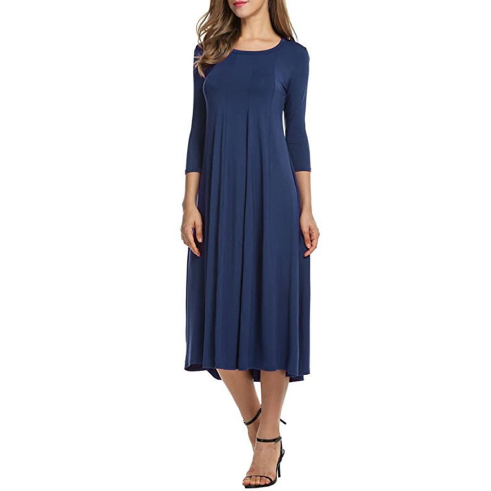Joyful Young Women's 3/4 Sleeve A-Line Casual Flare Midi Dress - Perfect for Spring/Summer Outfits, Office Wear & Date Nights