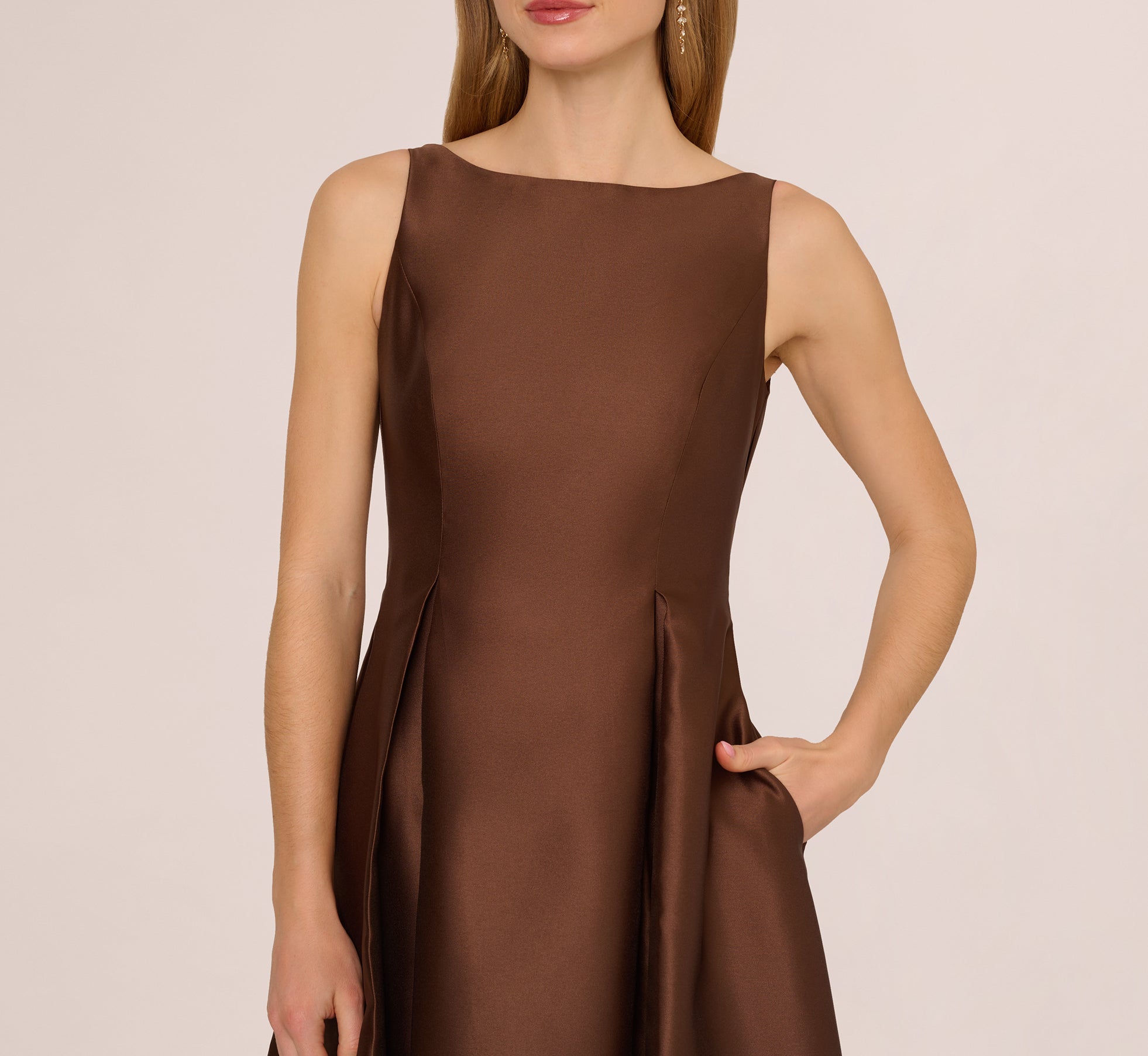 Elegant Sleeveless Mikado Fit and Flare Midi Dress with V Back in Espresso - Perfect for Weddings, Cocktail Parties & Special Occasions