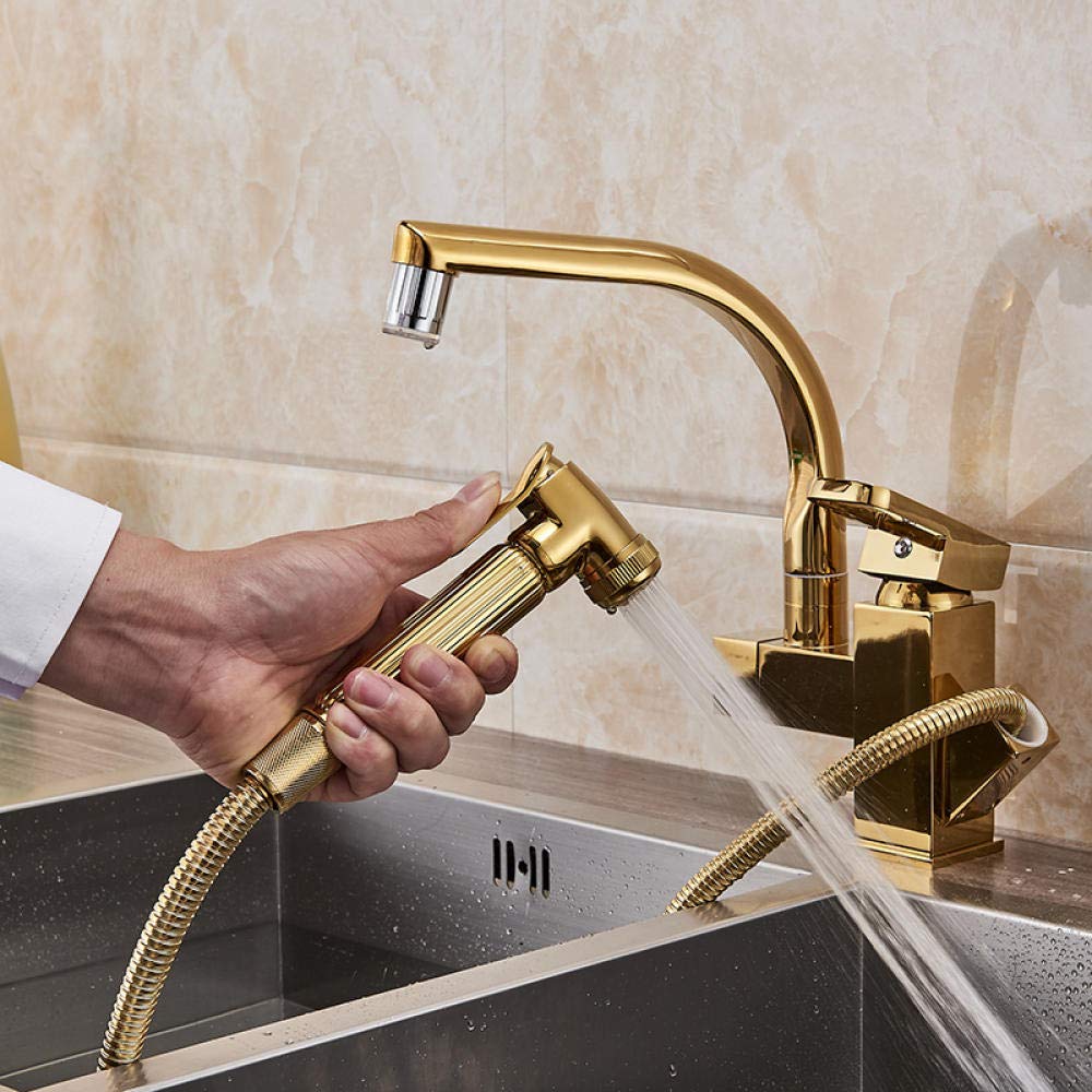 Gold Single Handle Kitchen Faucet Mixer Tap with Dual Swivel Spouts, Pull-Out Spray for Hot & Cold Water, Ideal for Modern Home Cooking and Cleaning