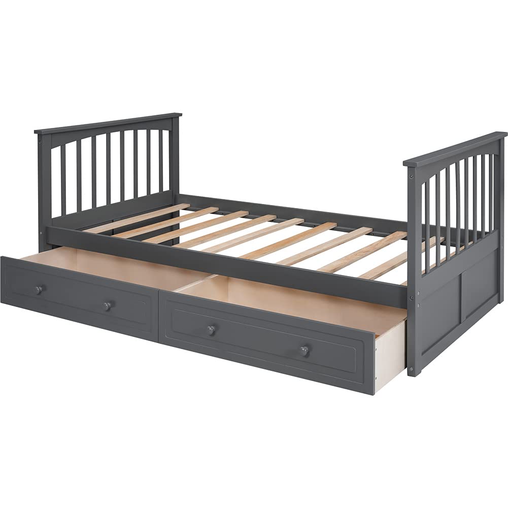 Convertible Wood Bunk Bed with Storage Drawers, Ladder & Safety Guardrail - Twin Over Twin Space-Saving Kids Bed (Gray) | Perfect for Small Bedrooms, Guest Rooms & Vacation Homes