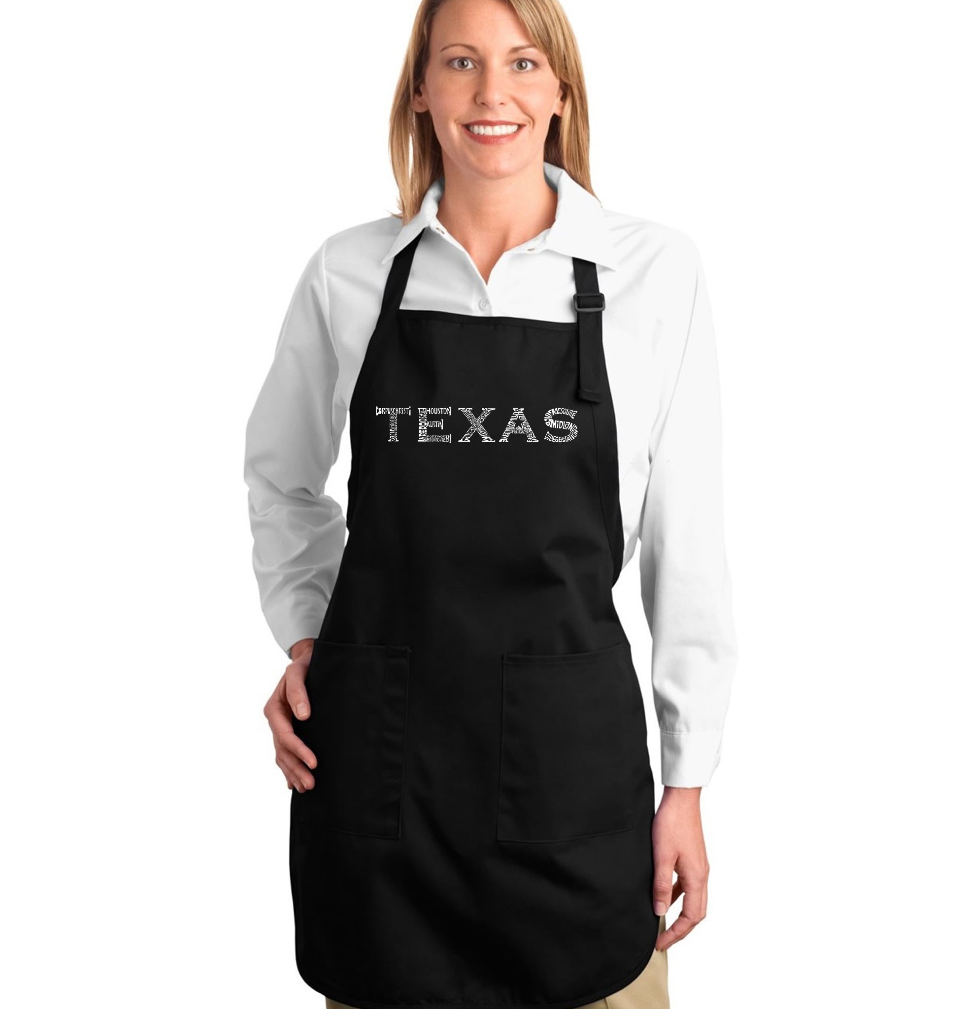 LA POP ART Word Art Apron - The Great Cities of Texas | Vintage Style Kitchen Apron for Cooking, Baking & BBQ | Perfect Gift for Home Chefs & Texas Lovers