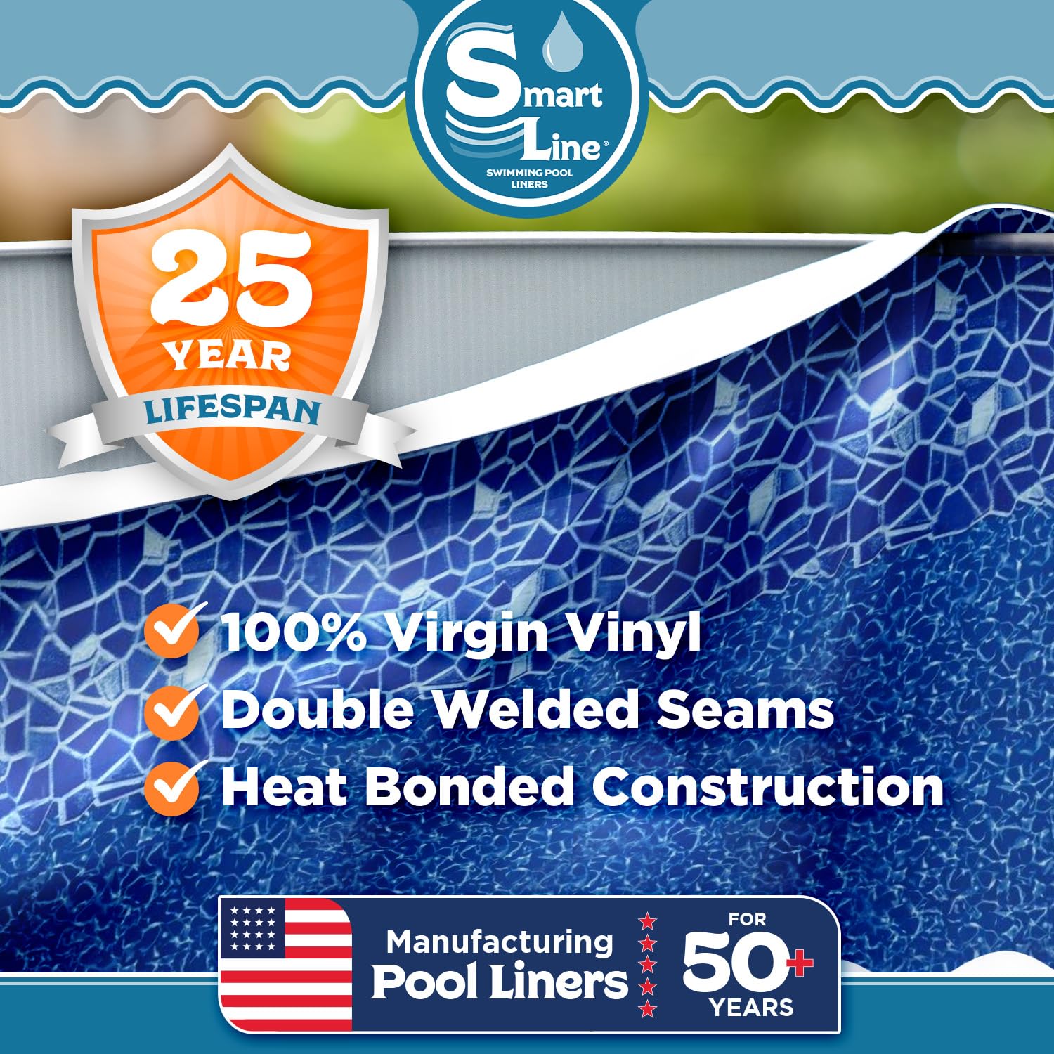 Smartline 15 ft Round Swimming Pool Liner - Cracked Glass Design, Overlap Style, 48-52 Inch Wall Height, 25 Gauge Heavy Duty Virgin Vinyl for Steel Sided Above Ground Pools | Perfect for Backyard Summer Fun, Family Gatherings & Outdoor Relaxation