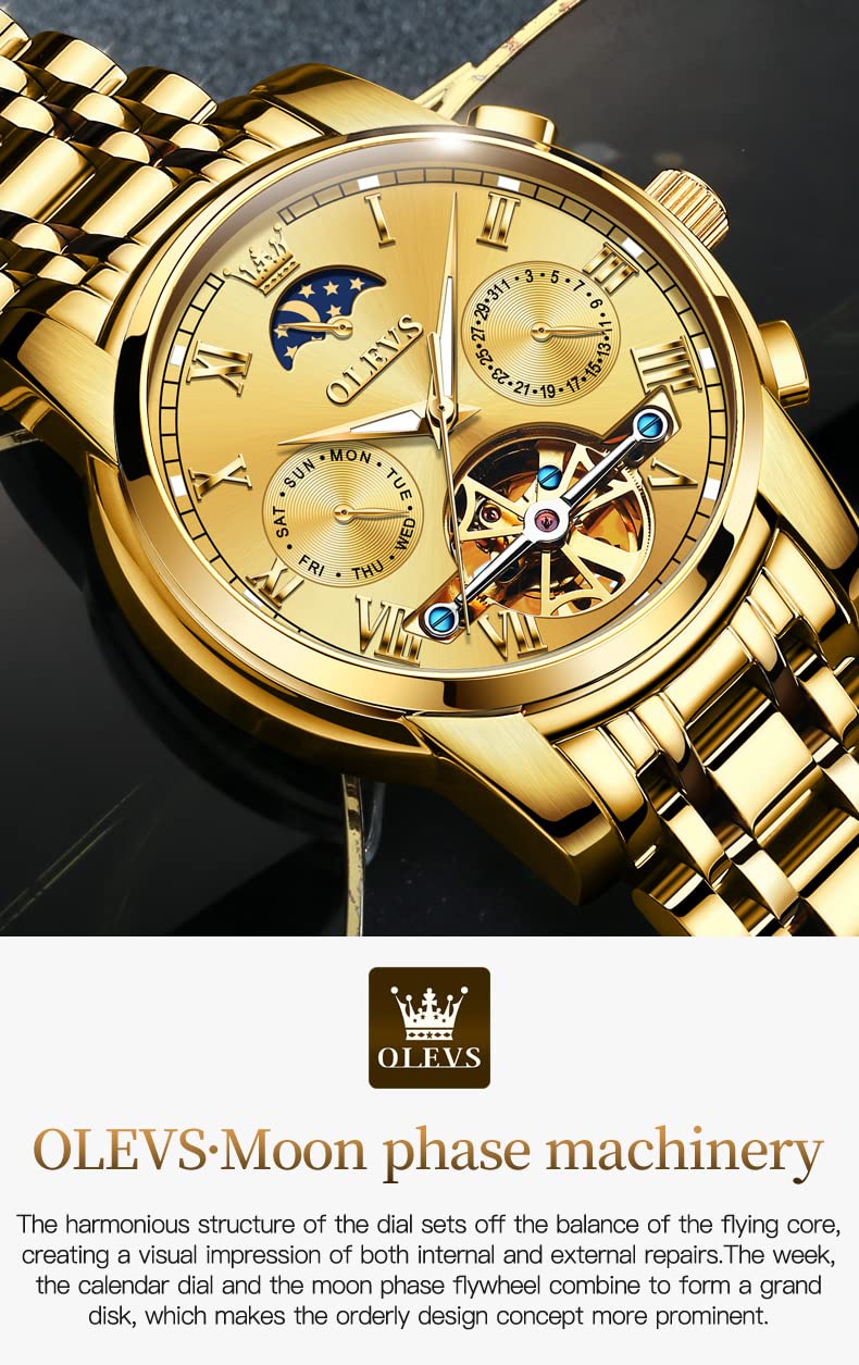 OLEVS Automatic Couple Watches for Men and Women - His and Hers Matching Mechanical Self-Winding Tourbillon Dress Watches with Day Date Calendar, Big Face, Two Tone - Perfect Anniversary Gift for Couples, Wedding Present, Romantic Date Night Accessories
