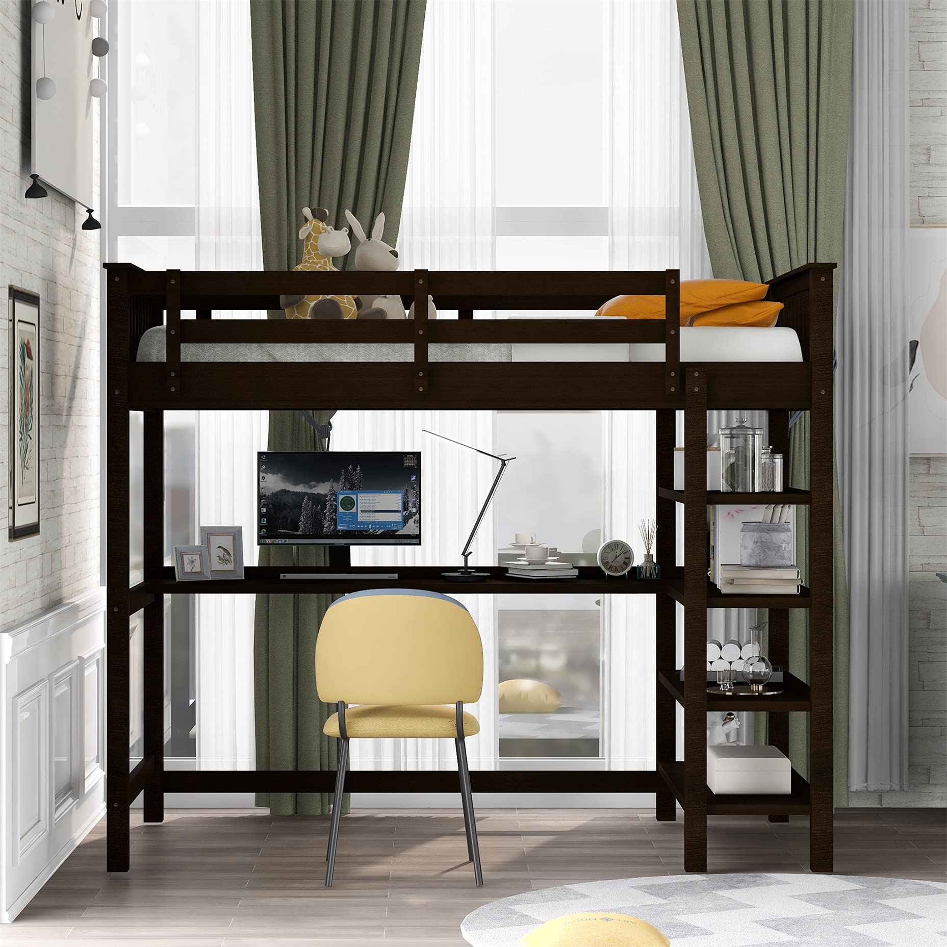 Harper & Bright Designs Twin Loft Bed with Desk, Storage Shelves, Ladder & Guard Rail - Sturdy Wood Loft Bed Frame for Kids, Teens & Adults (Espresso) - Perfect for Small Bedrooms, Dorms & Studio Apartments