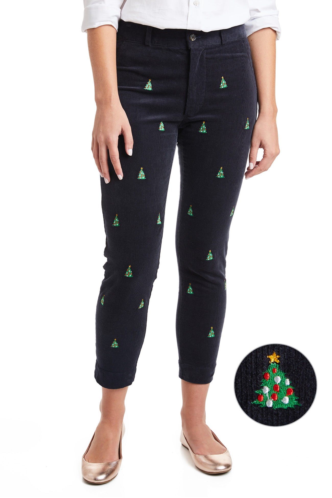Beachcomber Corduroy Ankle Capri Pants in Nantucket Navy with Christmas Tree Print - Perfect for Holiday Parties & Winter Vacations