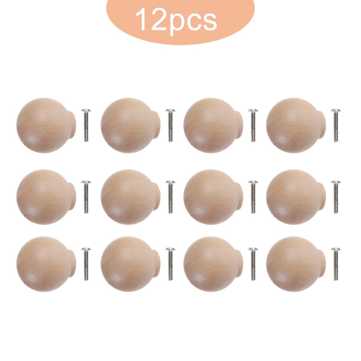 Wooden Drawer Knobs 12-Pack - Unfinished Round Cabinet Handles for Dresser & Closet