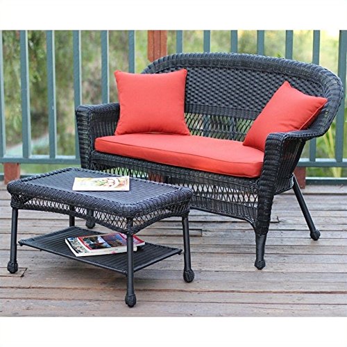 Jeco Black Wicker Patio Love Seat and Coffee Table Set - Outdoor Furniture for Garden, Balcony, and Poolside Relaxation