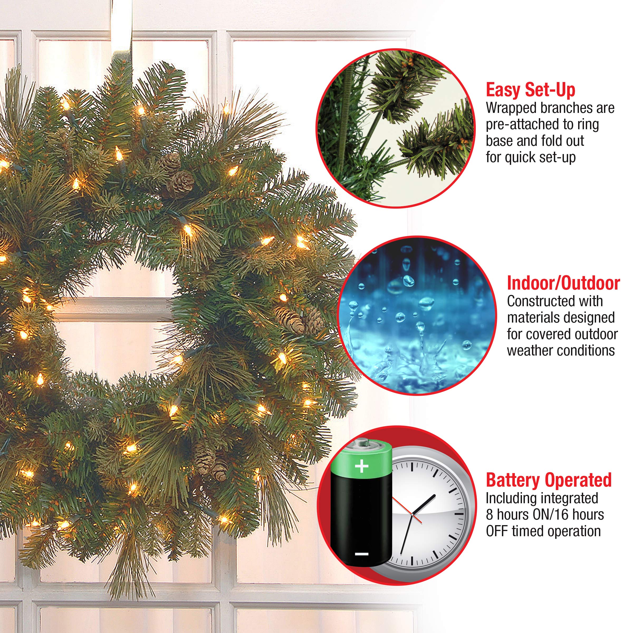 National Tree Company 24-Inch Pre-Lit Artificial Christmas Wreath - Carolina Pine with White Lights & Pine Cones Decorations | Indoor/Outdoor Holiday Decor for Door, Mantel & Wall