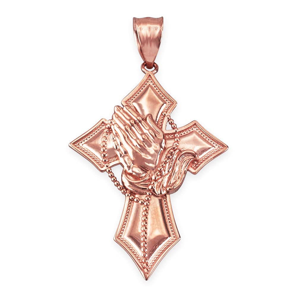10K Gold Praying Hands Catholic Cross Pendant Necklace - Religious Jewelry for Men & Women - Perfect for Baptism, First Communion, Confirmation Gifts & Daily Faith Wear