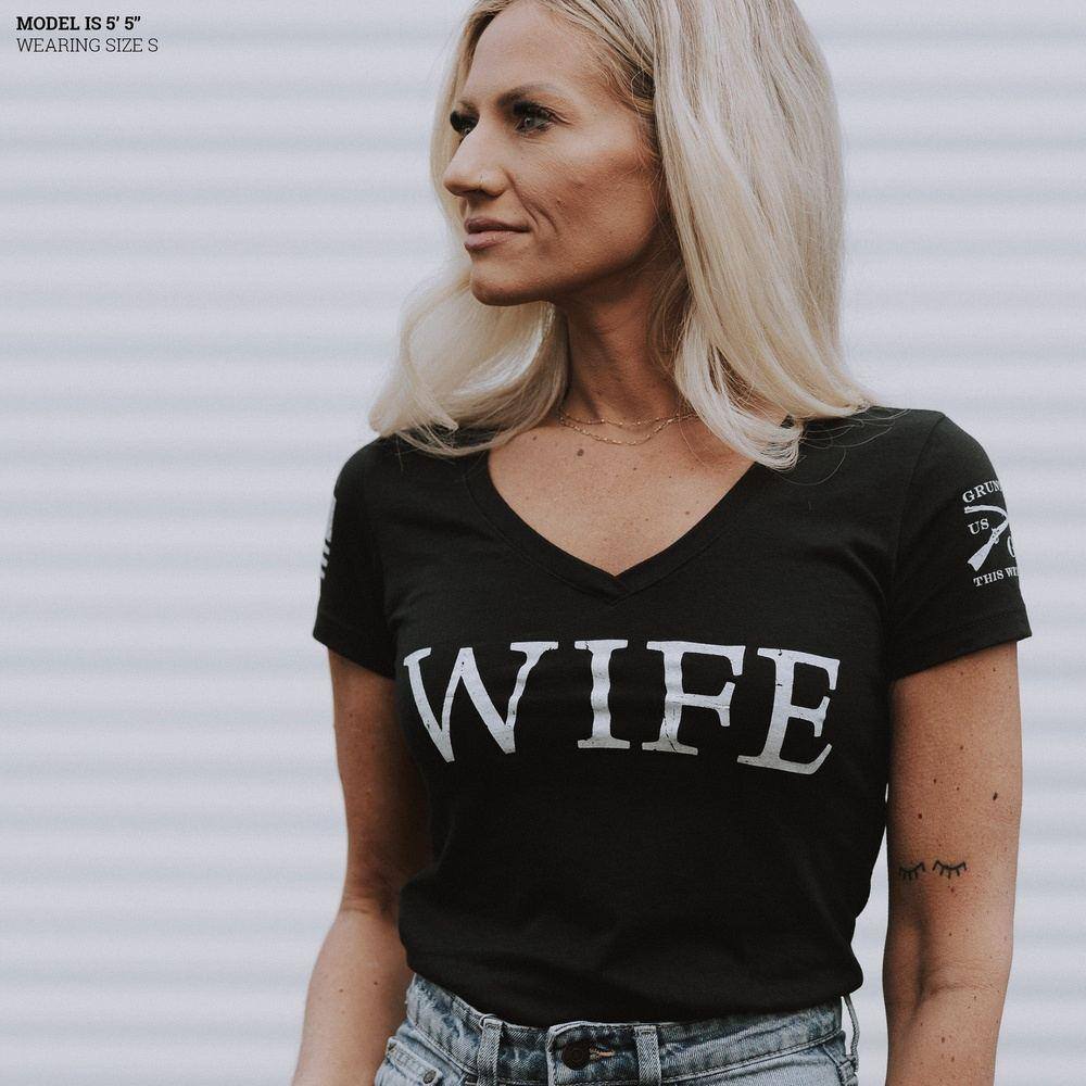 Women's Wife Defined V Neck T-Shirt - Black Cotton Comfort Fit Tee for Casual Wear, Date Night & Everyday Outfits