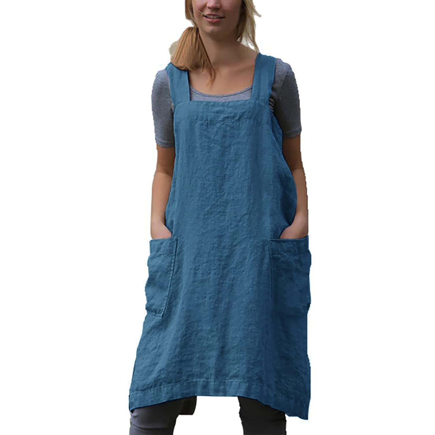 Premium Cotton Linen Cross Back Apron for Women - Adjustable Pinafore Dress with Pockets - Ideal for Baking, Cooking, BBQ & Kitchen Activities
