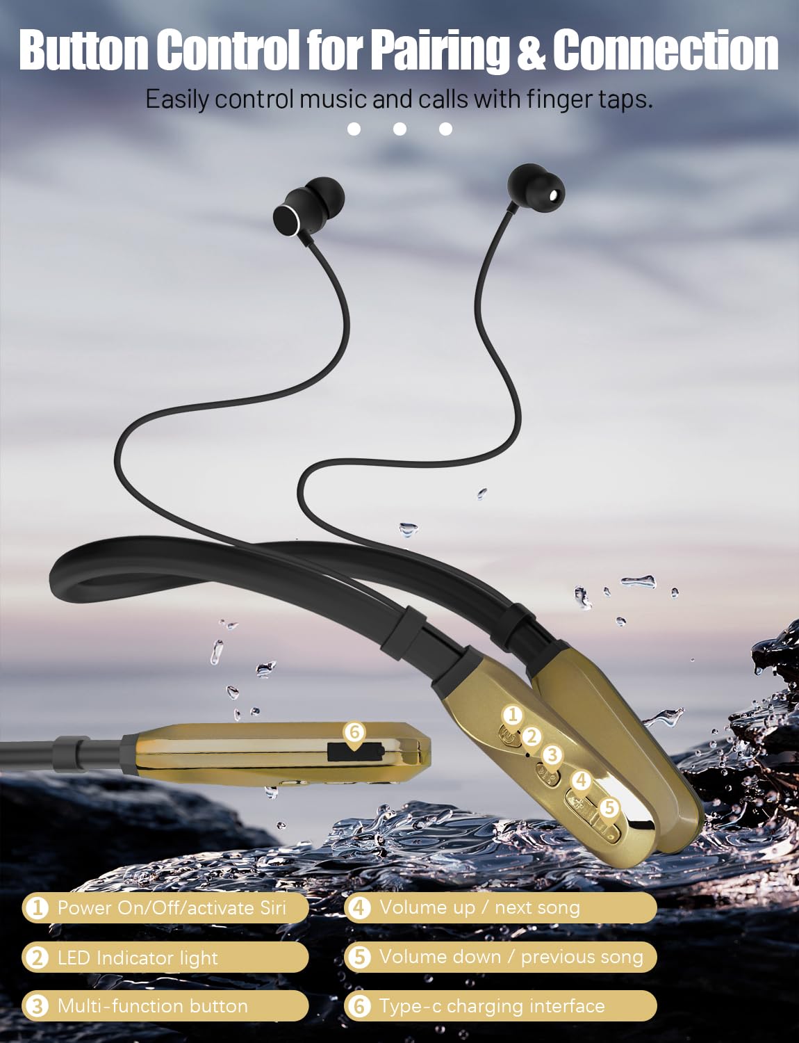 120H Playtime Wireless Bluetooth Neckband Headphones with Mic, IPX5 Waterproof Stereo Earbuds for Sports, Workout, Office & Travel - Comfortable Over-The-Neck Design (Gold) | Perfect for Running, Gym, Commuting & Remote Work