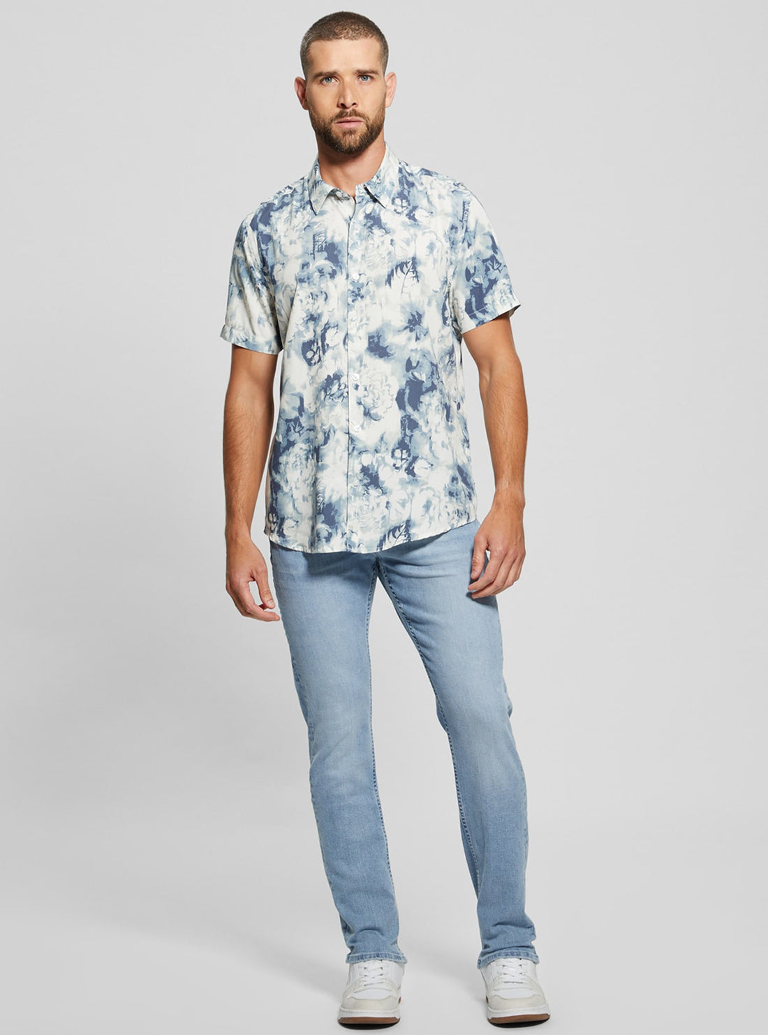 Floral Blue Wayco Short Sleeve Shirt for Men - Casual Summer Button Down Shirt with Lightweight Comfort - Perfect for Beach Vacation, Outdoor Activities and Office Wear