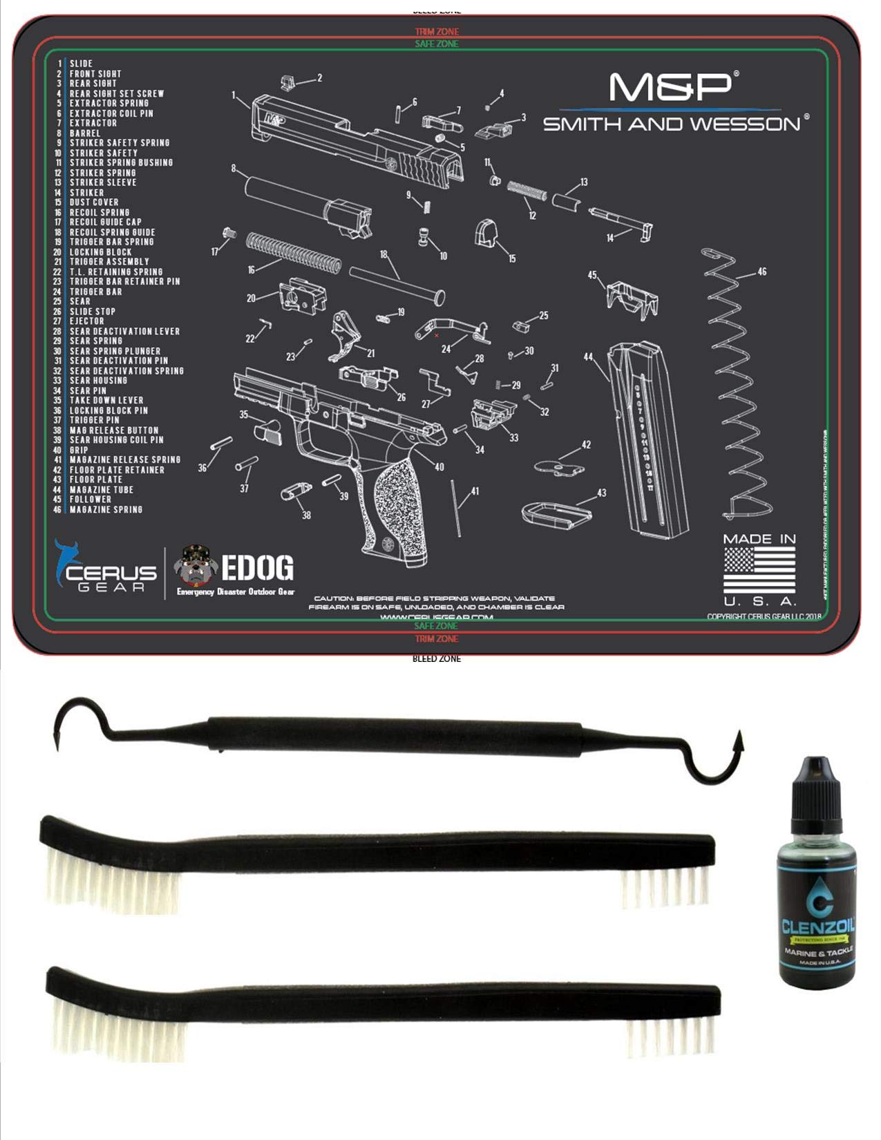 Smith & Wesson M&P Pistol Cleaning Mat - 5 PC Schematic Exploded View Work Surface Protector | Oil & Solvent Resistant Heavy Duty Pad | 3 PC Gun Cleaning Kit with Clenzoil | Perfect for Firearm Maintenance & Workshop Use