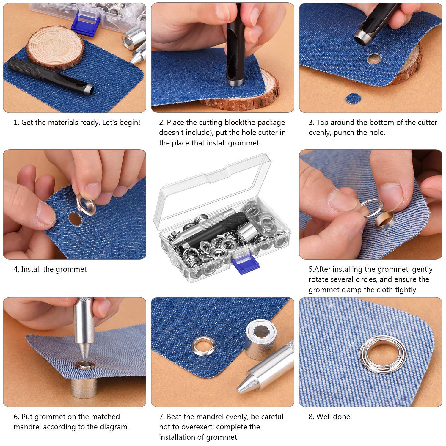 Heavy Duty Grommet Tool Kit - 100 Sets 1/2 Inch Metal Eyelets with Punch Die Set for Fabric, Leather, Canvas & DIY Projects - Perfect for Tarp, Curtains, Banners & Crafts