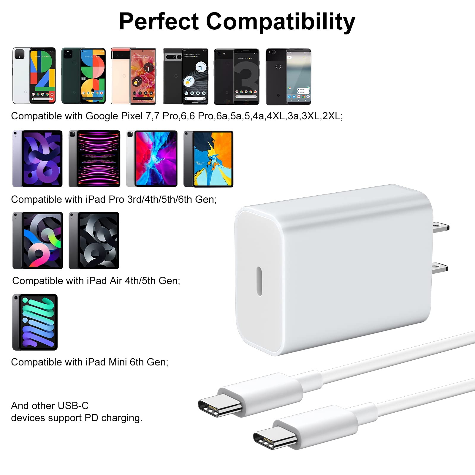 APETOO 18W USB C Wall Charger with Fast Charging PD Cable - USB Type C Power Adapter for iPhone 15, Google Pixel 7/7 Pro/6/6 Pro, iPad Pro/Air/Mini - Fast Charging for Home, Office & Travel